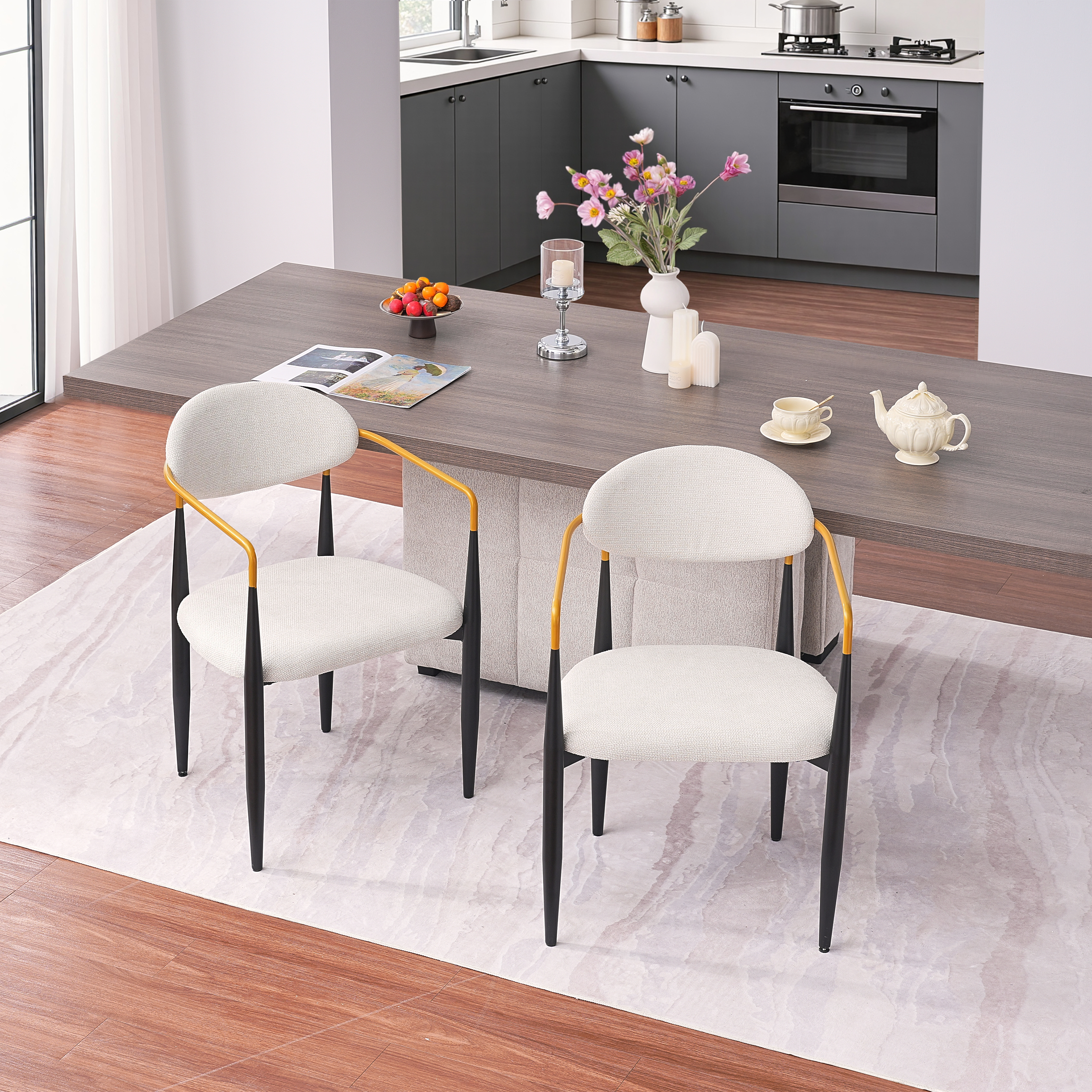 Silla de Comedor Tapizada Moderna con Brazos Dorados, Ergonómica, Set de 2