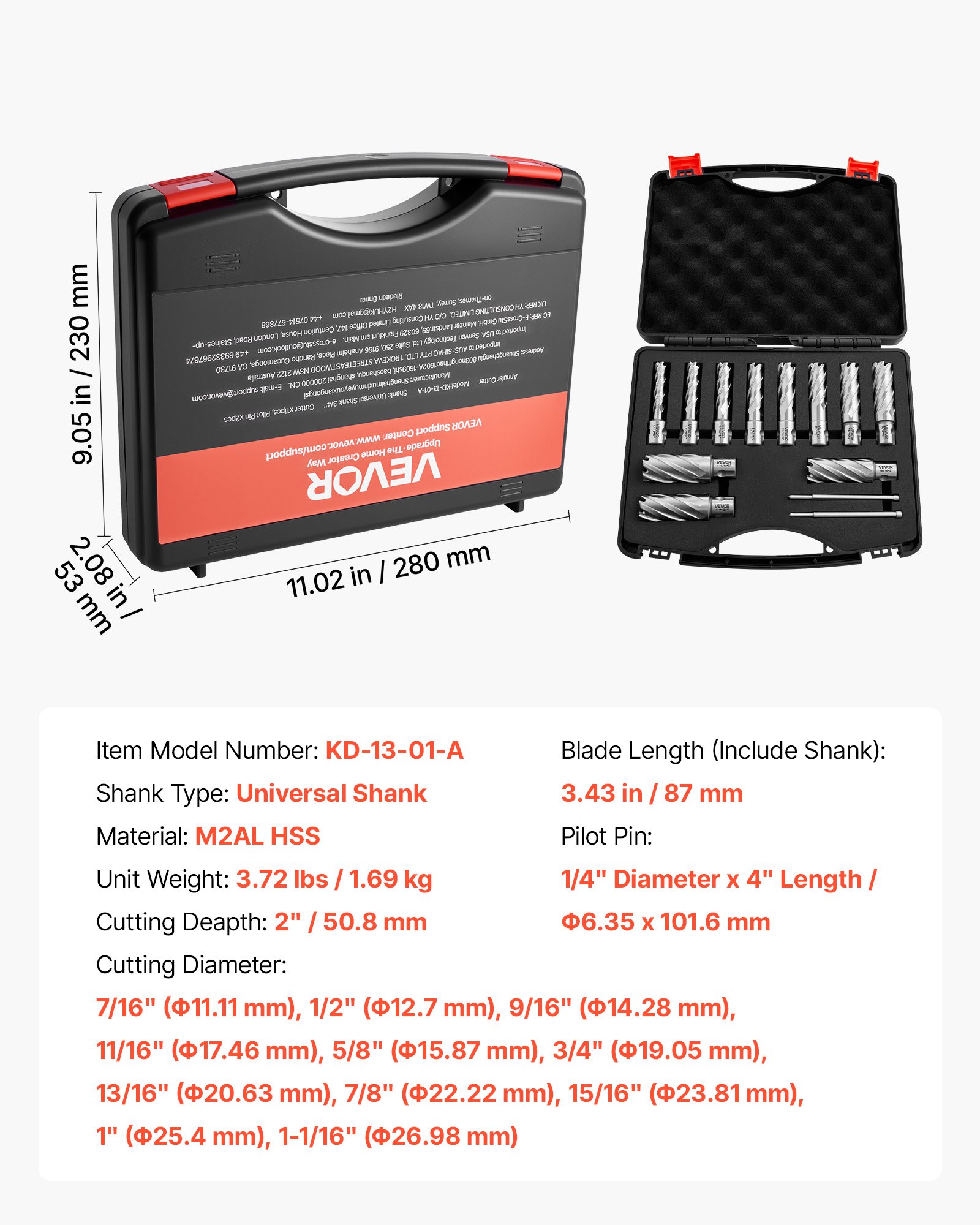 Annular Cutter Set, 13 Pcs Universal Shank Mag Drill Bits Kit, 2" Cutting Depth, 7/16" To 1-1/16" Cutting Diameter, HSS, 11 Drill Bits With 2 Pilot Pins, Plastic Case, For Magnetic Drills, Steel