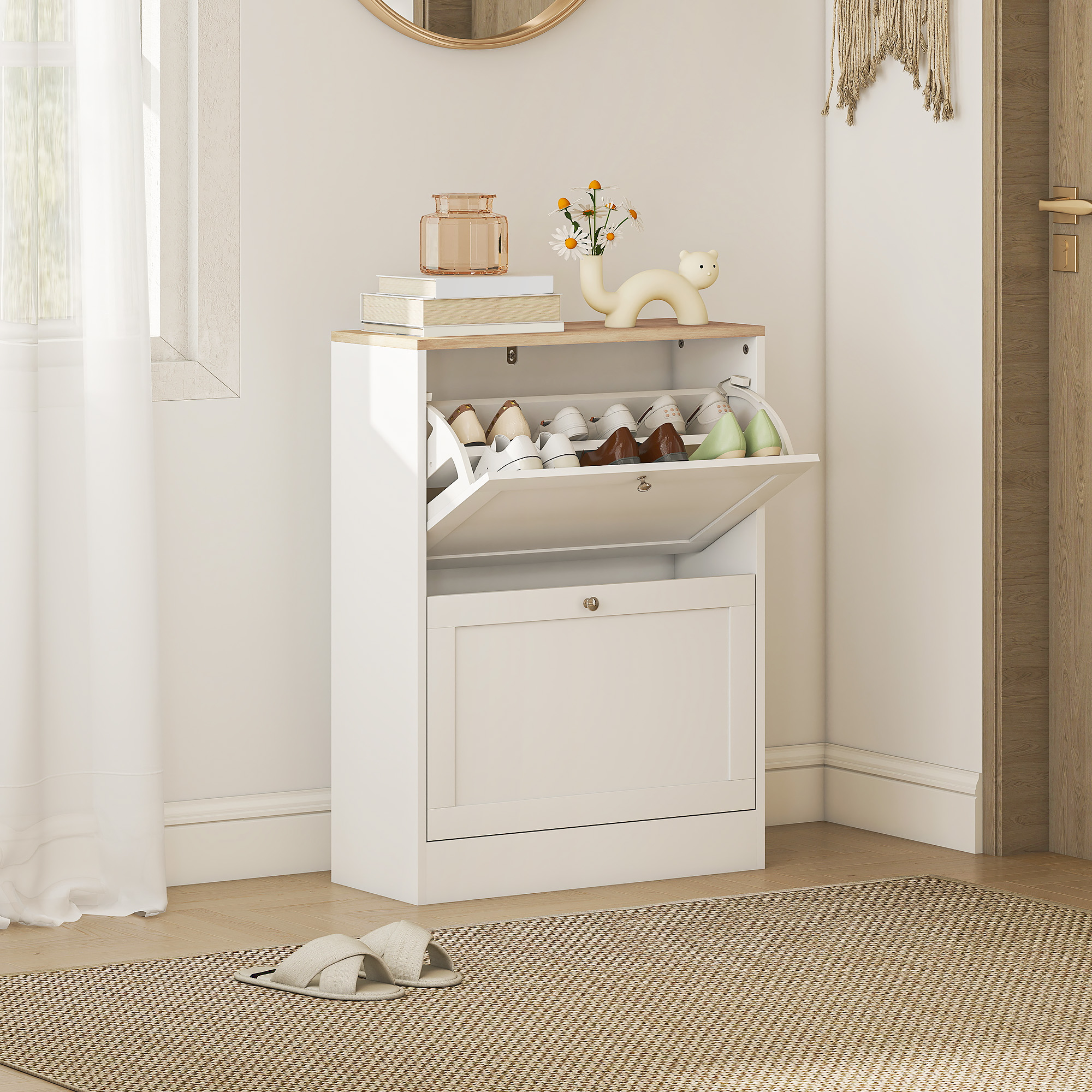 Slim Shoe Storage Cabinet, Modern Shoe Cabinet with 2 Flip Drawers and Adjustable Shelves for 8-12 Pairs, White