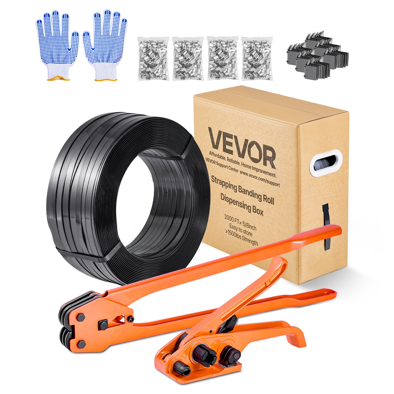 Kit de flejado resistente con 2000 pies de fleje PET y 600 sellos metálicos