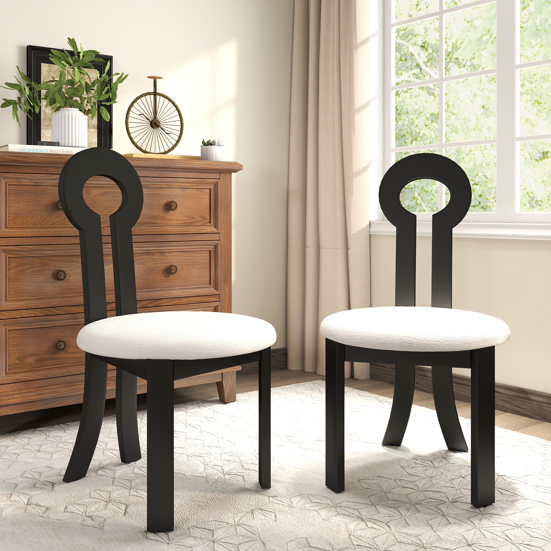 Silla de comedor vintage de madera maciza, felpa de oveja, sin brazos, negra, juego de 2