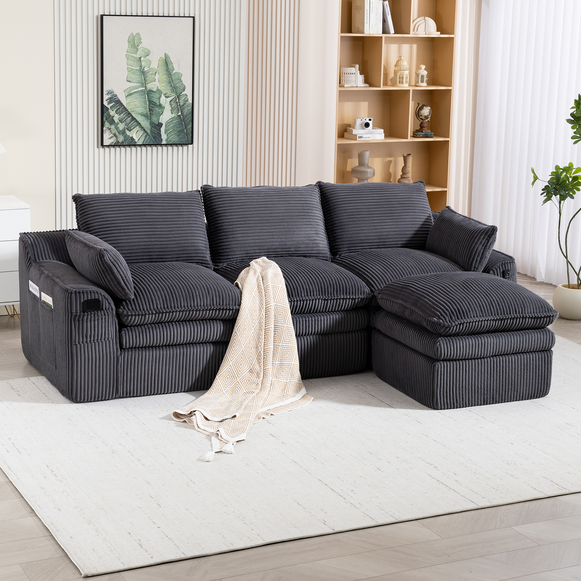 L Shaped Compressed Modular Sectional Sofa Modern Corduroy Upholstered Boneless Couches With Movable Footstool,With Three Pillows And Two Lumbar Pillows,Detachable Cloud Seat Cushions