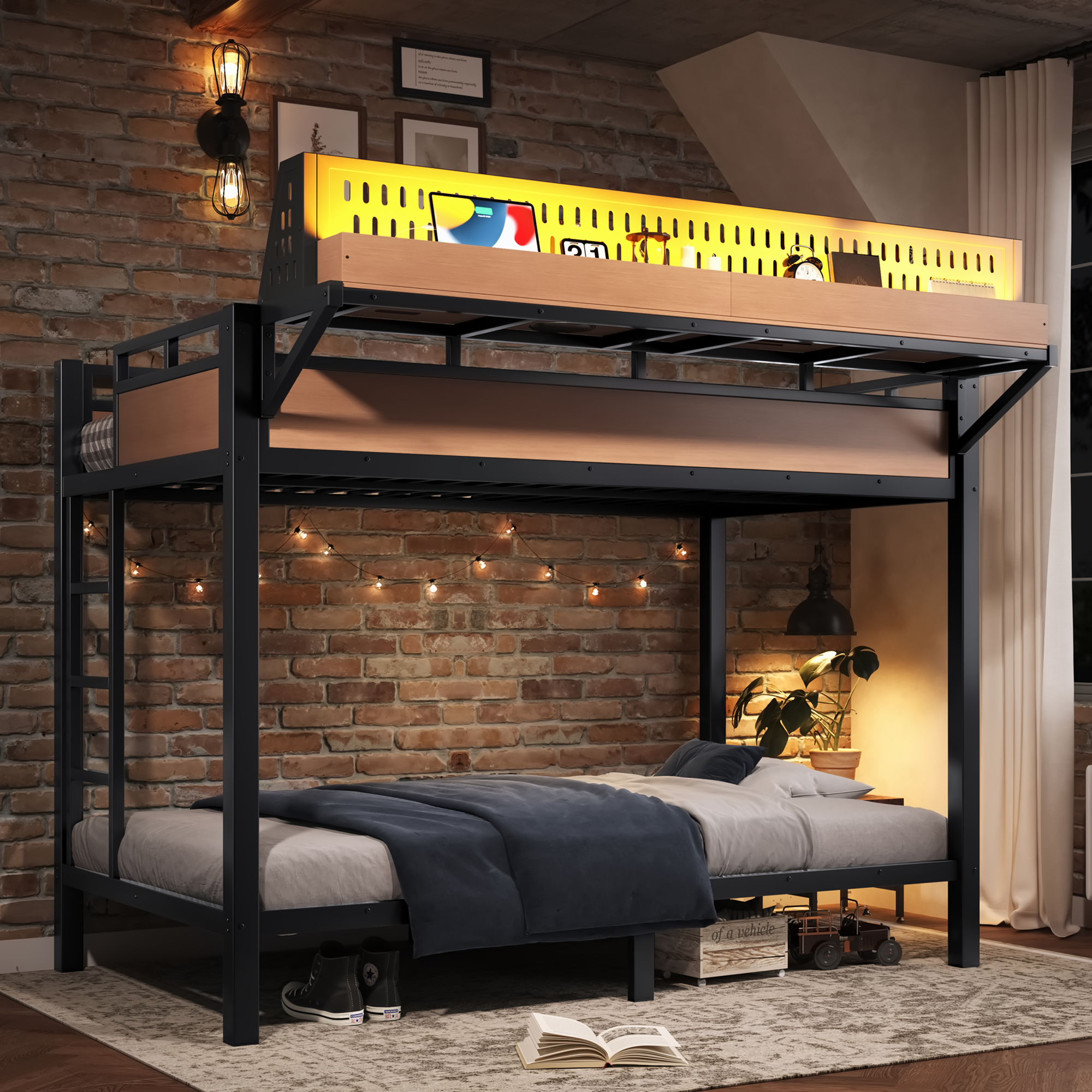 Litera de metal Twin XL con estantes, tablero perforado, puertos USB y luces LED, natural