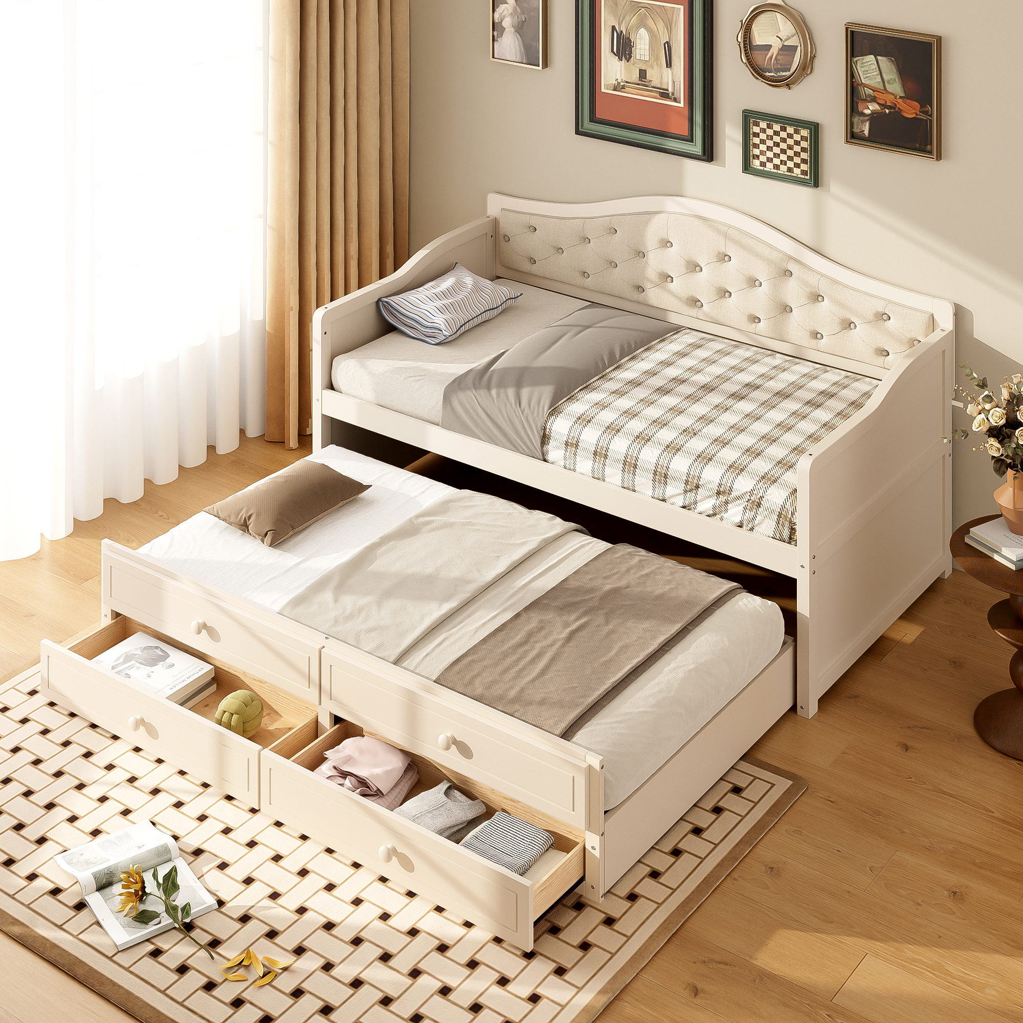 Sofá cama individual con nido, 2 cajones y respaldo tapizado