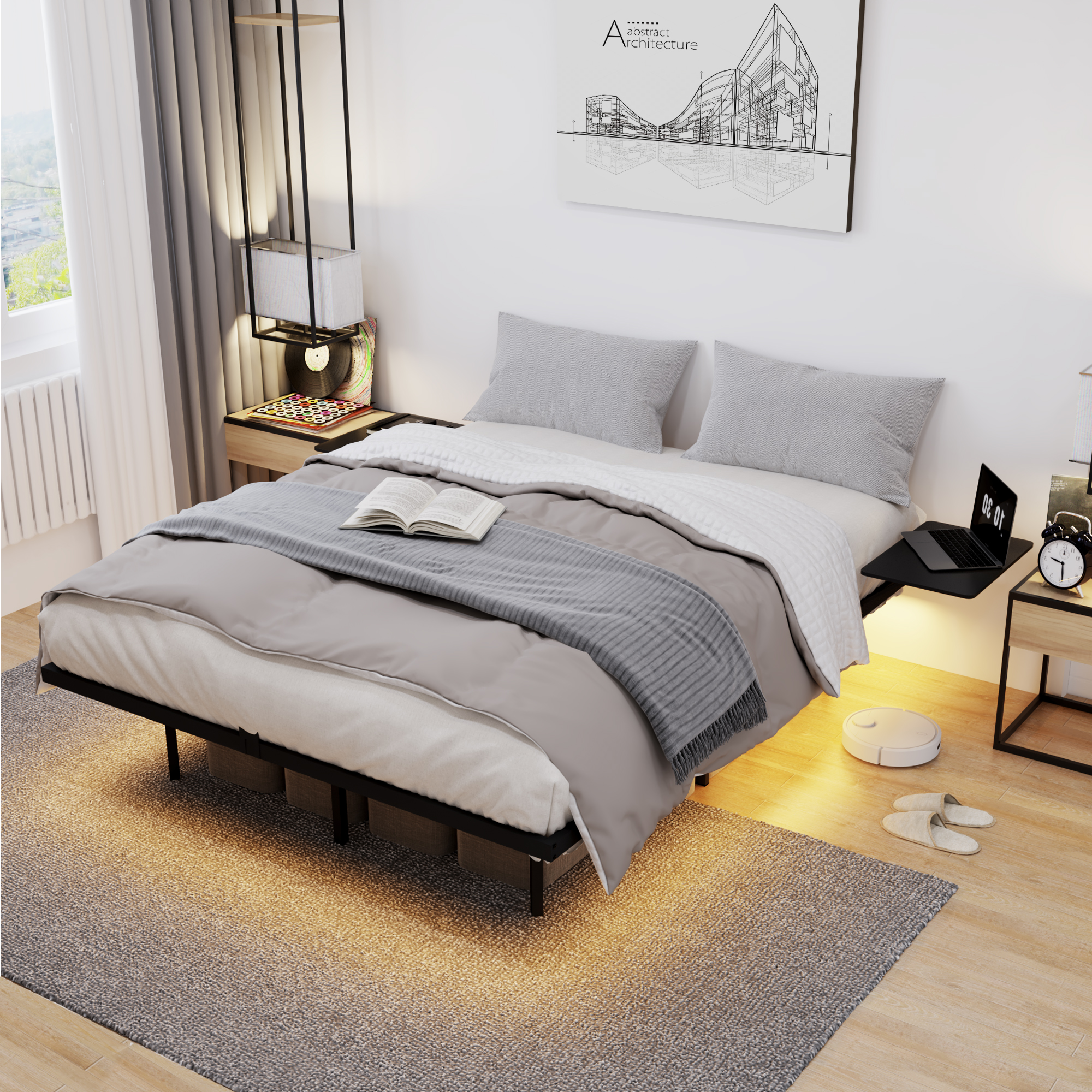 Base de cama Queen de metal resistente con luz LED, fácil montaje, negra