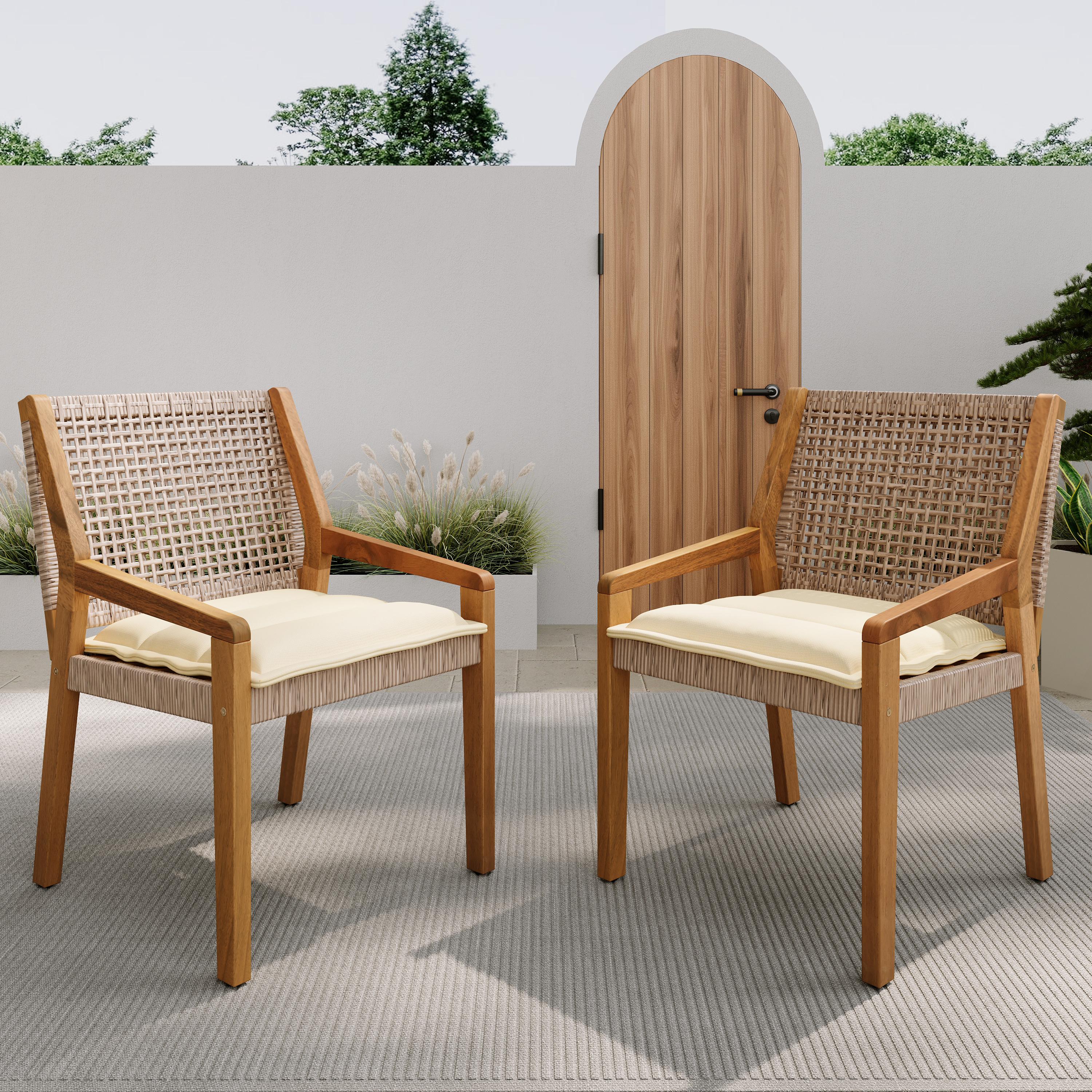 OUTDOOR DINING CHAIR -Acacia Wood & Wicker With Cream Cushion Patio Furniture-Teak Finish & Wicke Brown -MP2 Set Of 2