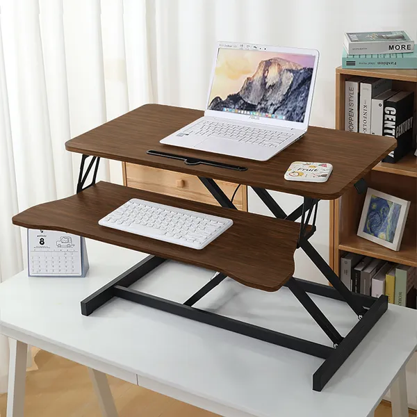 32 Inch Desk Converter, Height Adjustable Sit To Stand Riser, Dual Monitor And Laptop Workstation With Wide Keyboard Tray, Walnut Color
