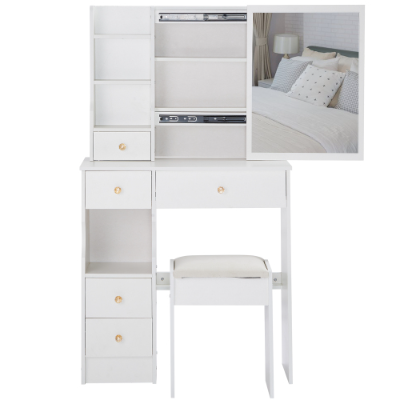 29.2 Small Space Left Drawer Desktop Vanity Table  Cushioned Stool, Extra Large Right Sliding Mirror, Multi Layer High Capacity Storage, Practical Fashionable Dresser, Suitable For Small Space