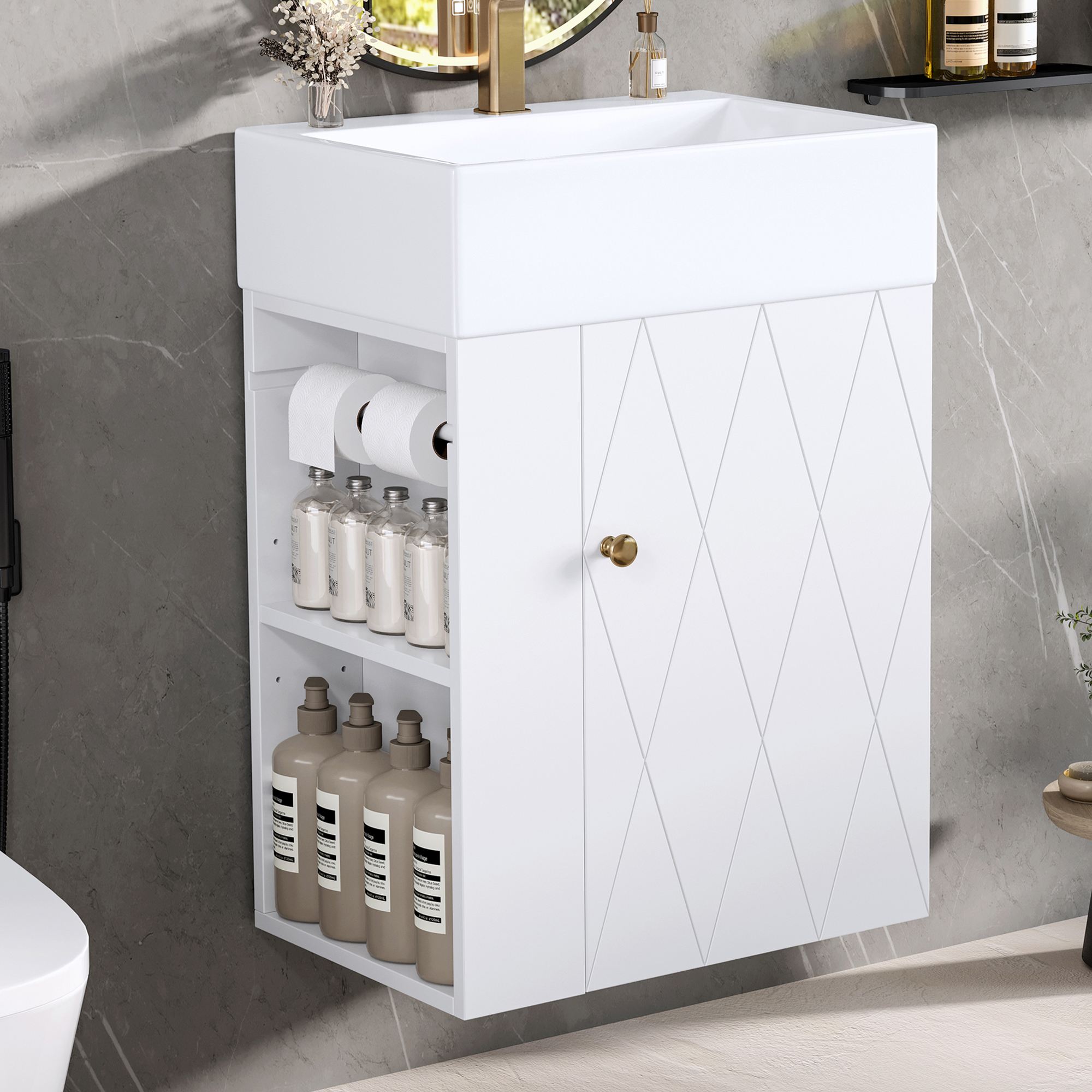 20 Inch Bathroom Vanity With Ceramic Sink, Diamond Pattern Door Design, Gold Handle & Side Storage Shelves Modern Small Space Cabinet With Towel Bar, MDF Construction, Assembly Required