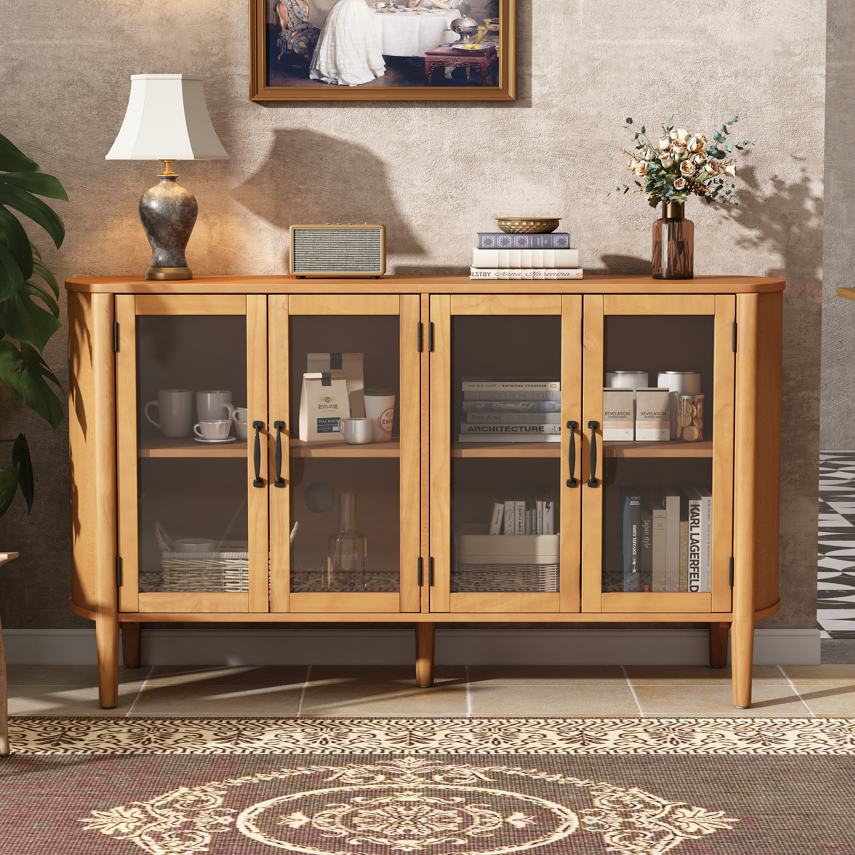 Storage Cabinet At The Entrance To The Living And Dining Room, Large Size, 4 Doors, Stylish Style, Natural