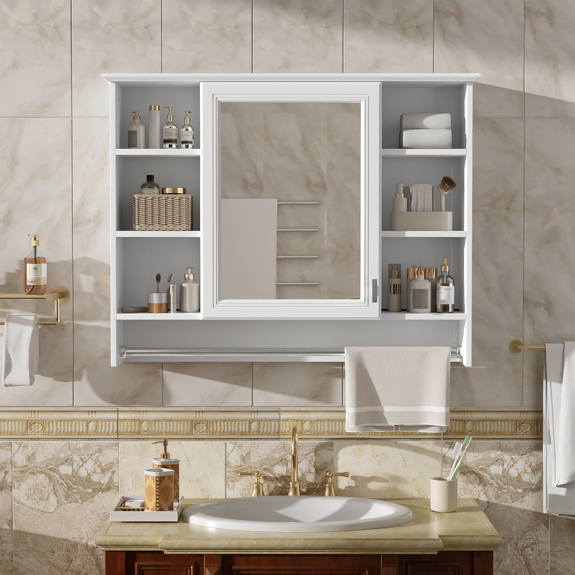 3-in-1 Bathroom Mirror Cabinet, 36-inch Wall Mounted Medicine Cabinet With Adjustable Shelf & Soft Close Door, High-Define Mirror With Storage For Bathroom Vanity