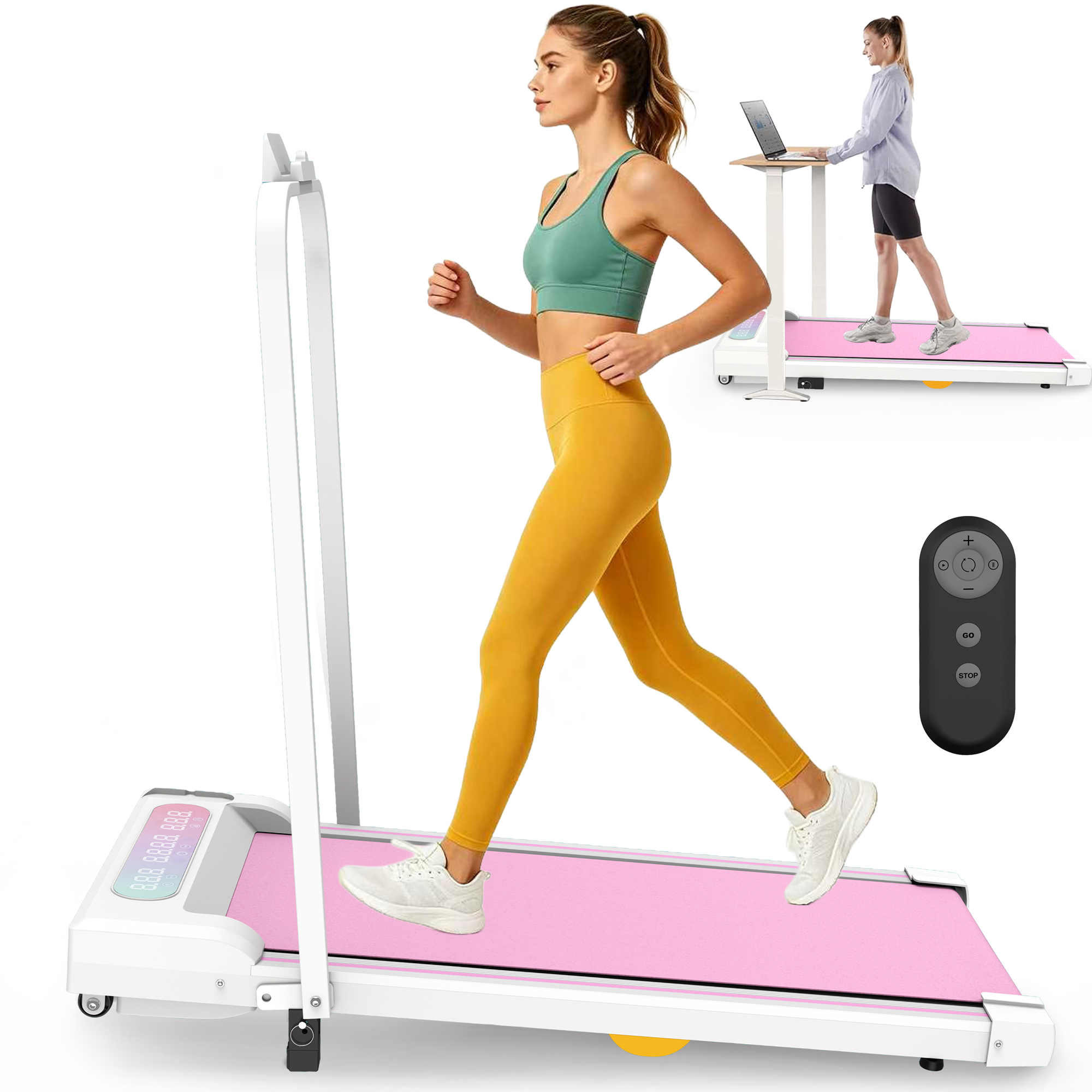 Caminadora portátil 2 en 1 con inclinación, control remoto y pantalla LED, rosa