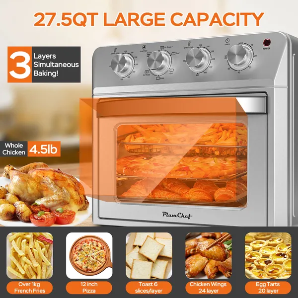 27.5QT 6-in-1 Air Fryer Toaster Oven Dropdown-Door 6-Slice Countertop Convection Oven For Air Frying, Baking, Roasting, Broiling & Grilling, 1600W, Sliver