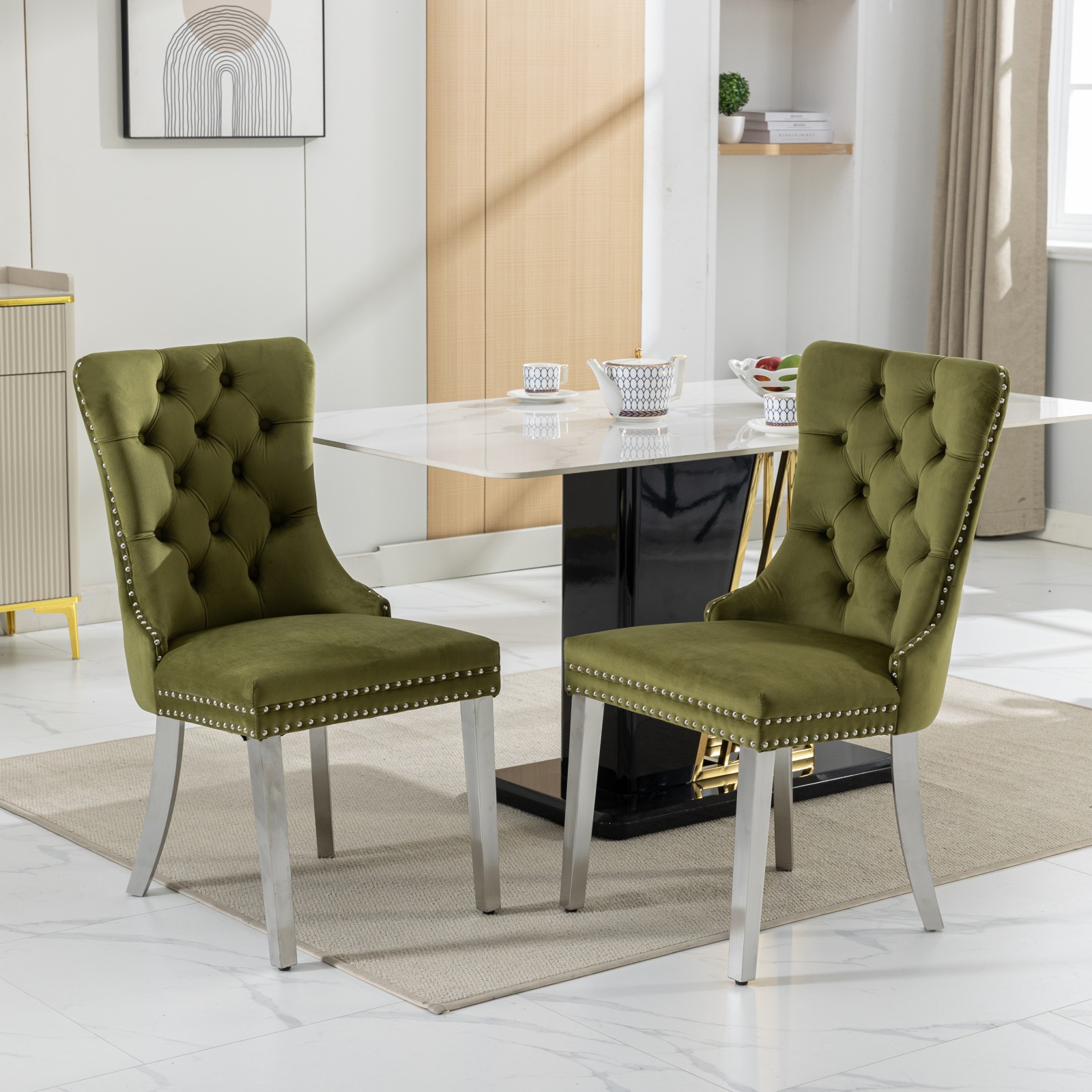 Nikki Collection Silla de comedor moderna capitoné, terciopelo, patas cromadas, SW1701OL