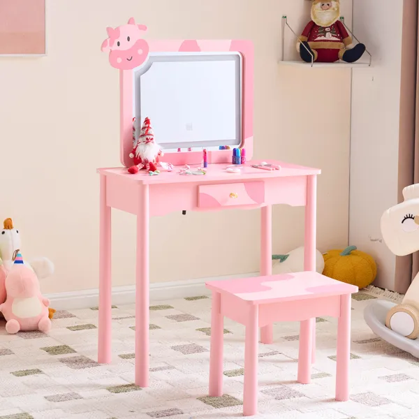 Tocador infantil de 1 cajón, patrón de vaca, rosa, con luz LED de 3 colores