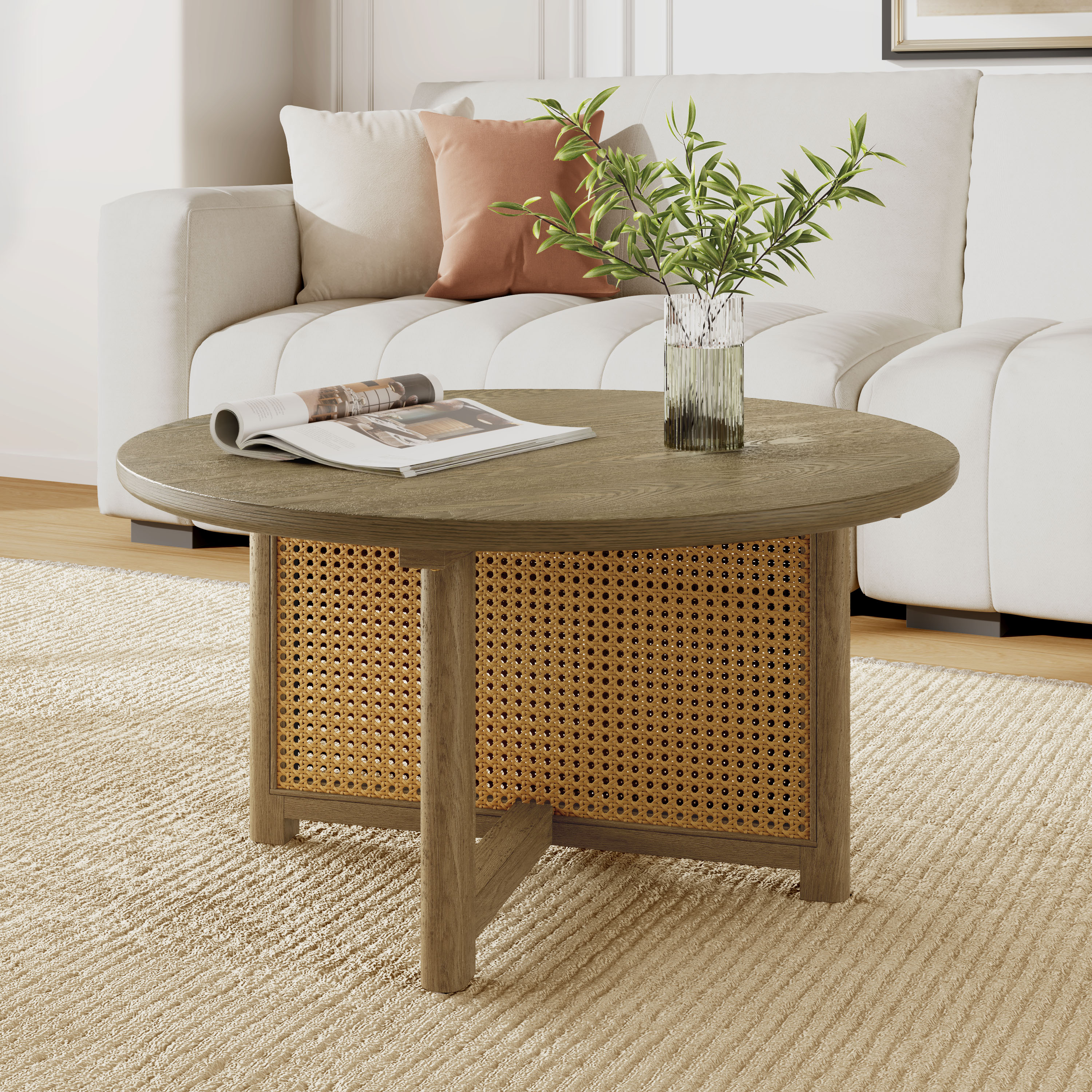 32 Rattan Coffee Table, Round Rattan Woven Wood Coffee Table