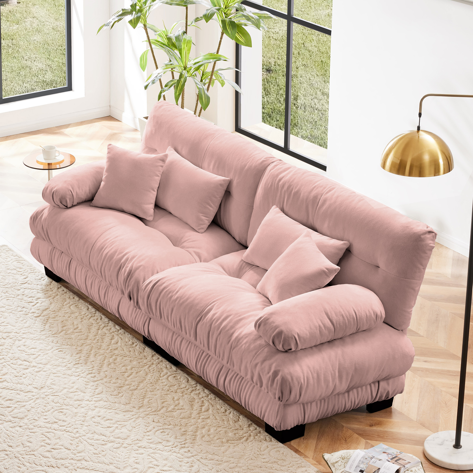 Sofá Cloud de 2 plazas de chenilla con 2 cojines lumbares y 2 decorativos, Rosa