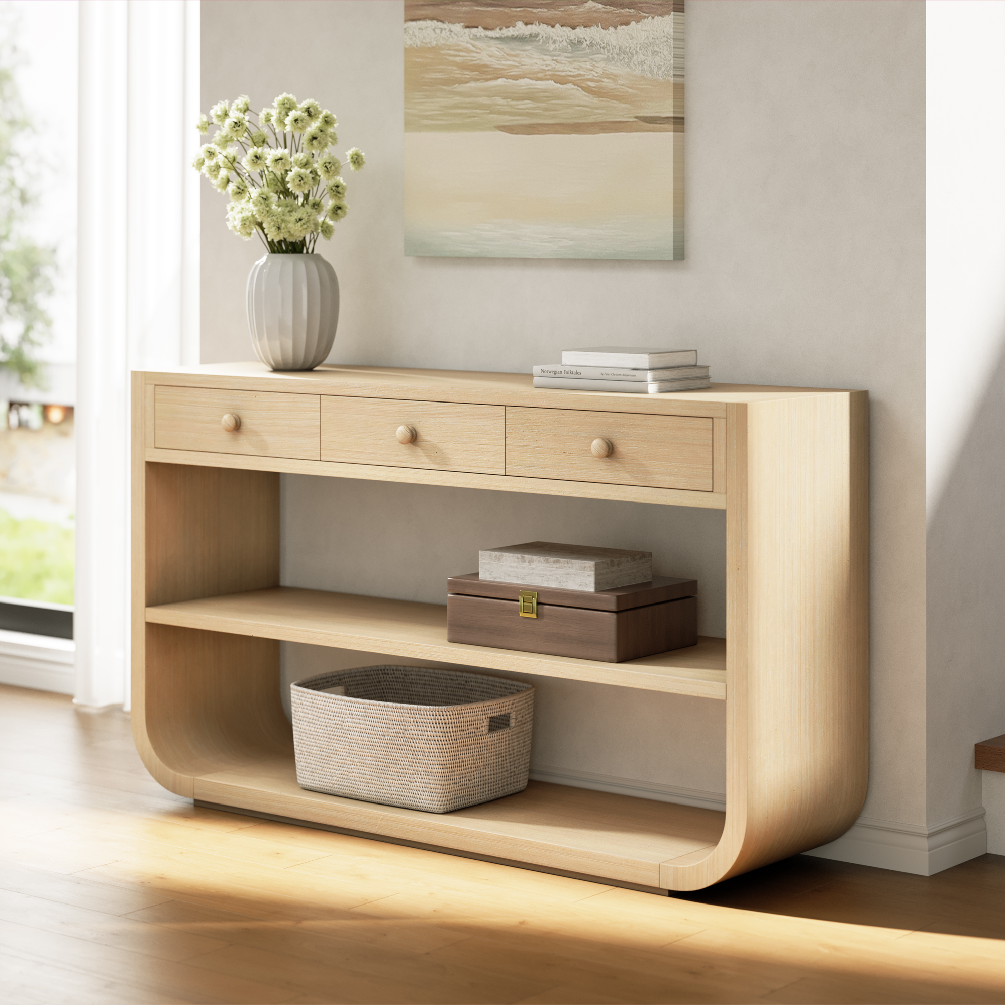 Mesa consola curva moderna con 3 cajones y 2 estantes abiertos, base de madera, natural.
