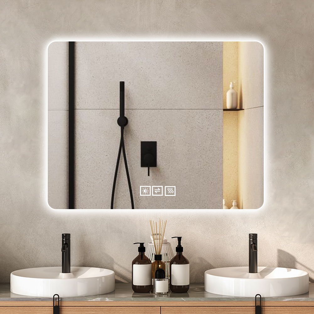 Espejo de baño de 28x36 pulgadas con luces LED, anti-niebla, 3 colores, regulable