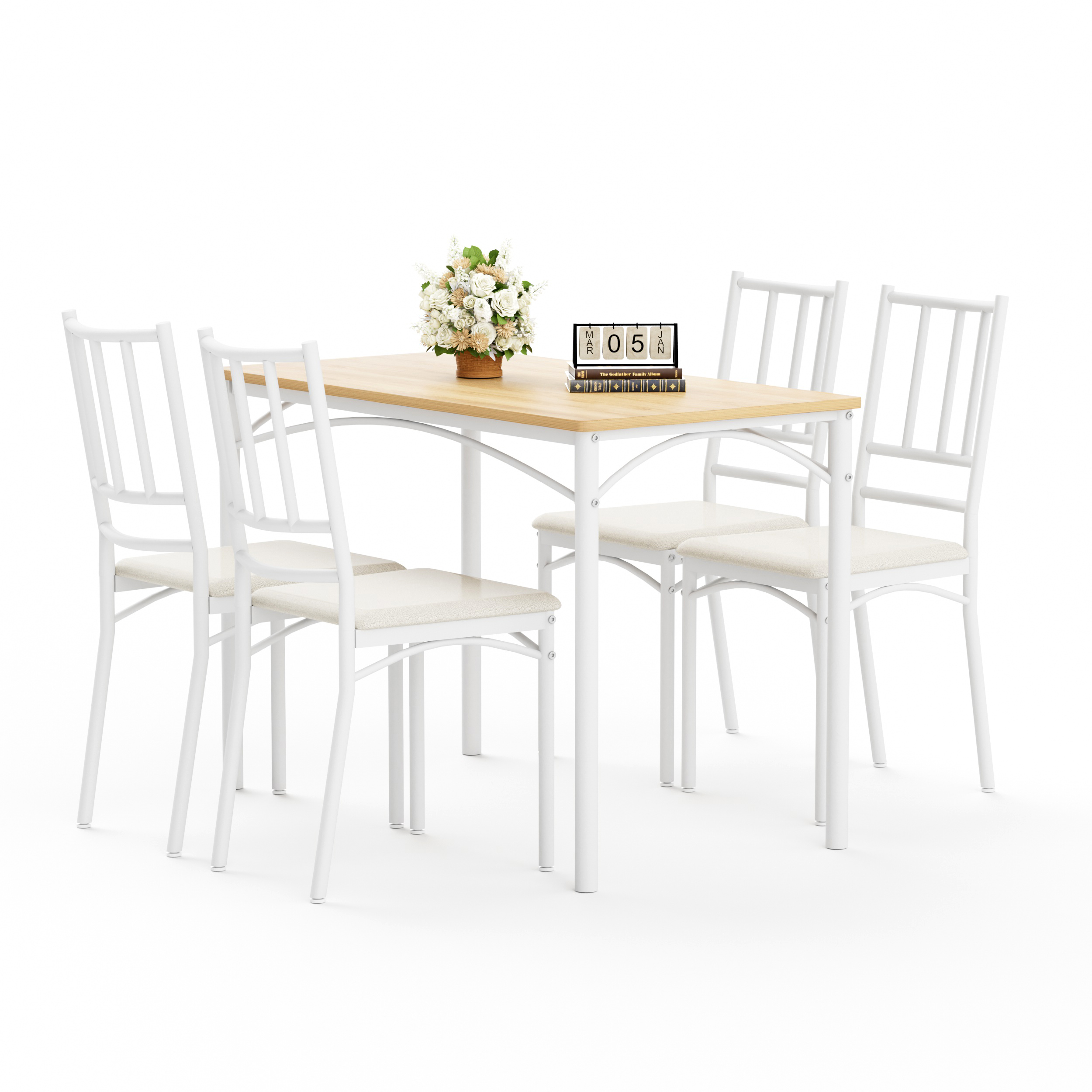 Dining Table Set, Bar Table With 4 Dining Benches, Kitchen Table Counter With Chairs, Industrial For Kitchen Breakfast Table, Living Room, Party Room, Natural And White, 43.3inL X23.6inW X 30.1inH