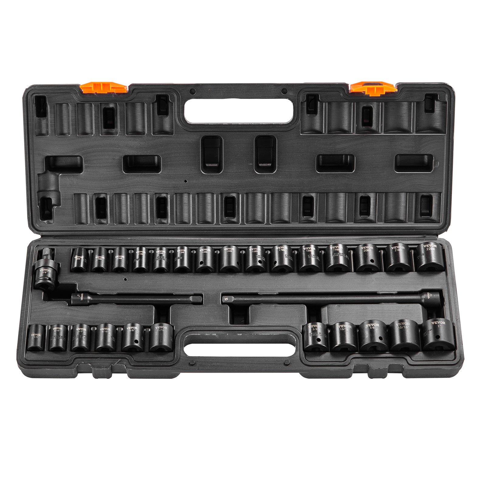 3/8" Drive Impact Socket Set, 29 Piece Shallow Socket Set SAE 3/8"-1" And Metric 8-22mm, 6 Point CR-MO Alloy Steel For Auto Repair, Easy-to-Read Size Markings, Rugged Construction, Storage Case