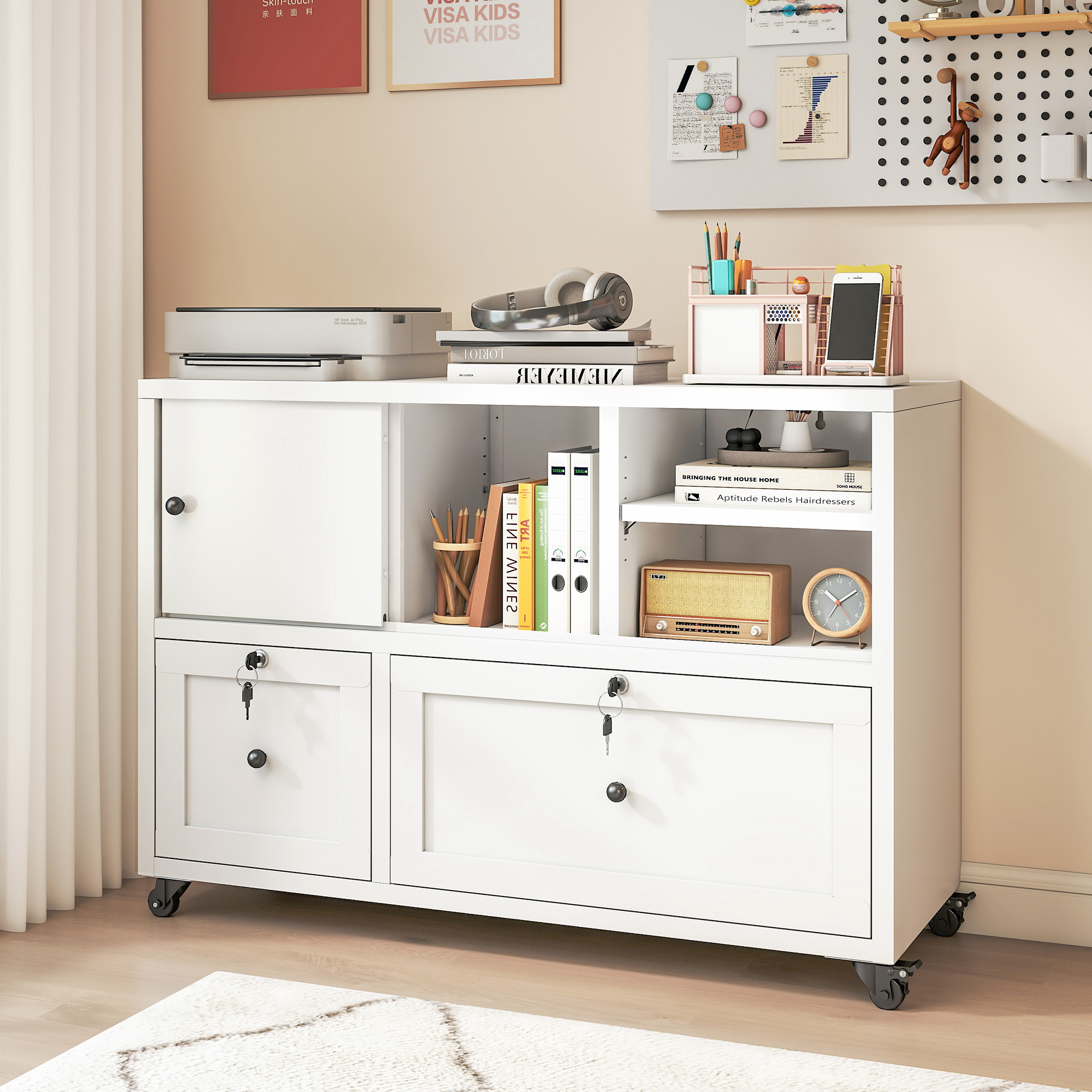 28 H White Metal Filing Cabinet With Lock -2-Drawer File Cabinet For Home Office, Rolling Lateral Storage With Anti-Tip Kit, Full-Extension Quiet Slides, Holds A4 Legal Letter Files, Easy Assembly