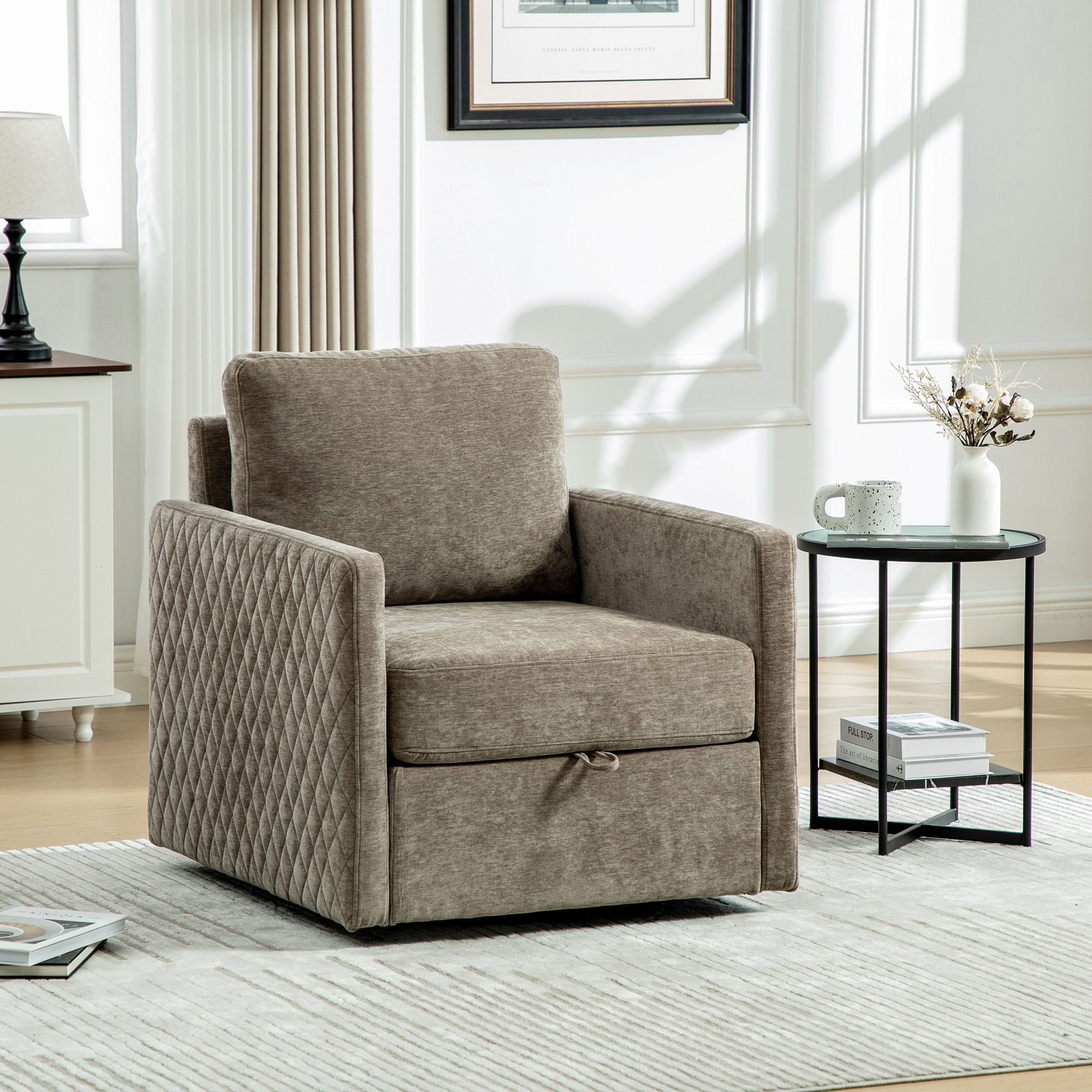 29.5 W Upholstered 360 Swivel Armchair With Hidden Storage, Comfy Diamond-Shape Tufted Armrests Accent Square Club Chair Single Sofa With Pillow For Living Room, Bedroom,Reading Nook,Corner, Taupe