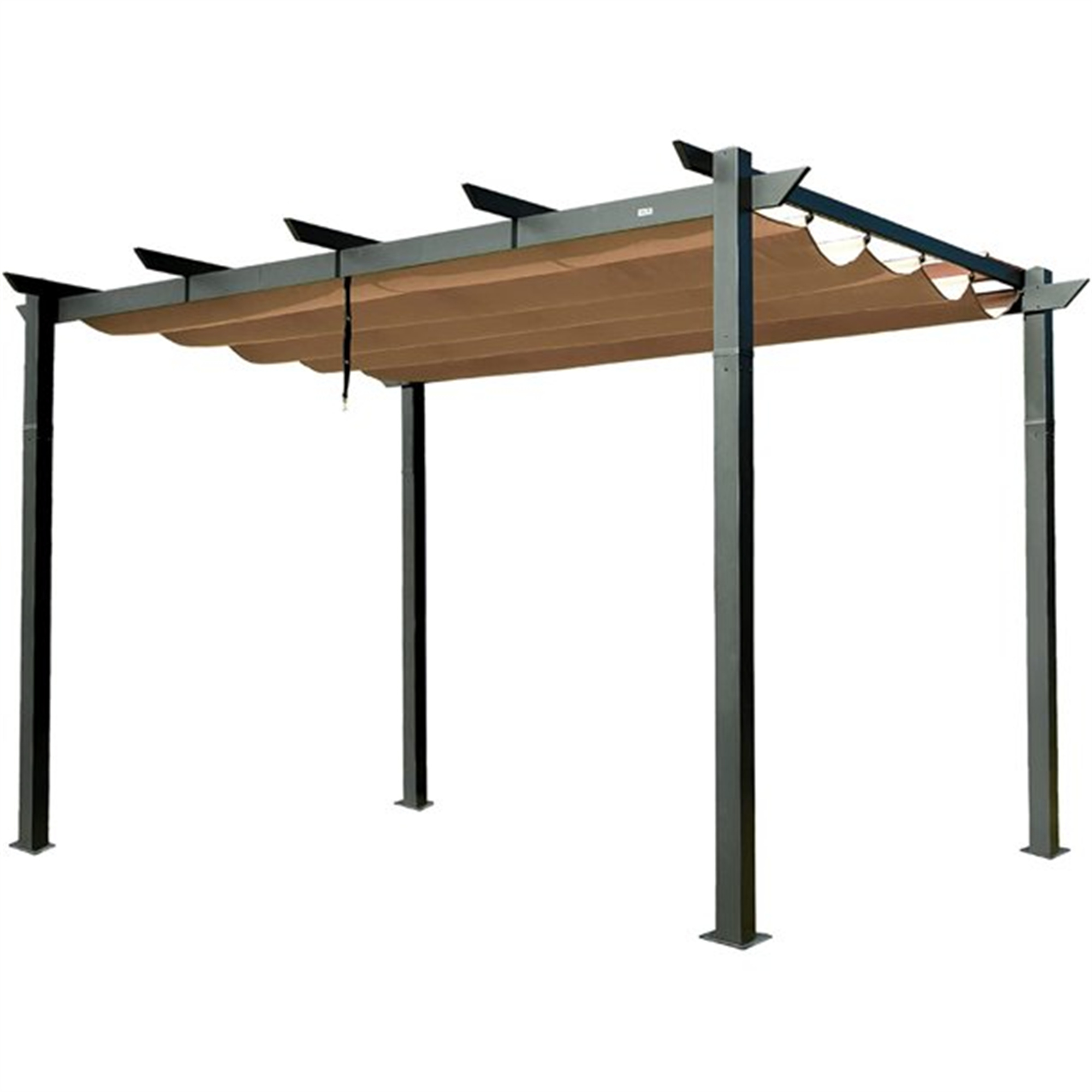 Pérgola retráctil de aluminio con toldo resistente al clima, beige.