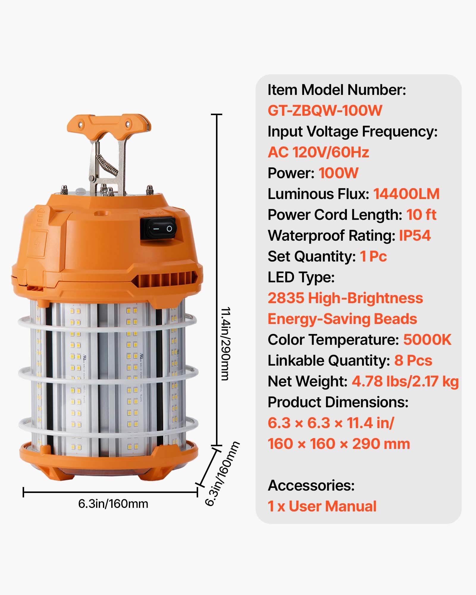 Luz de trabajo LED temporal, 100W, 14400 Lm, 5000K, resistente al agua