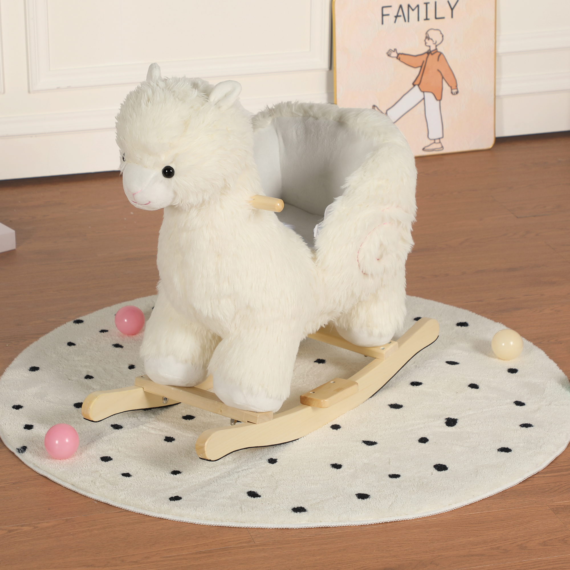 Caballito mecedor de alpaca para niños 1-3 años, con canción de cuna y cinturón, blanco