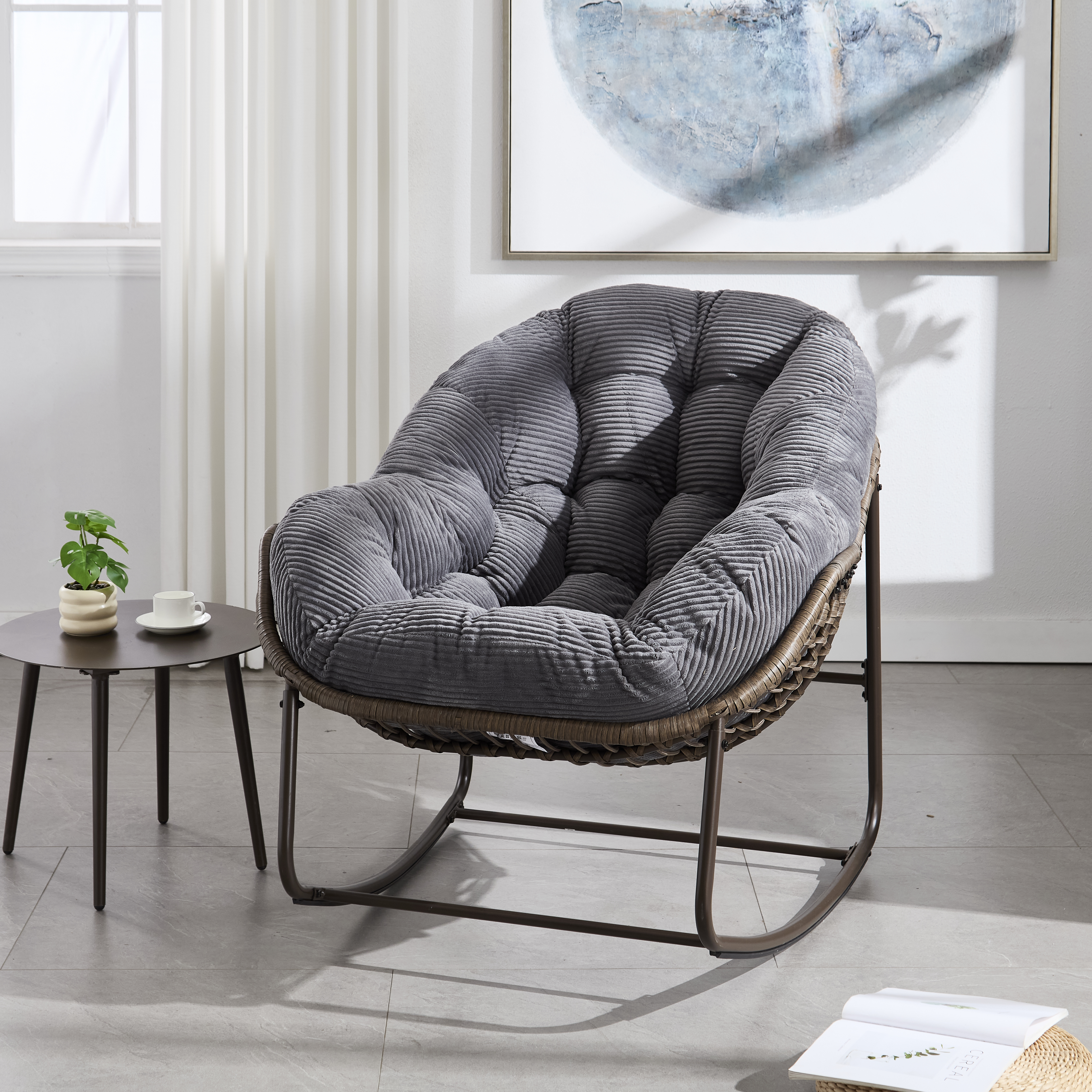 Mecedora de ratán para exterior, con cojín acolchado, reclinable, para patio, gris.