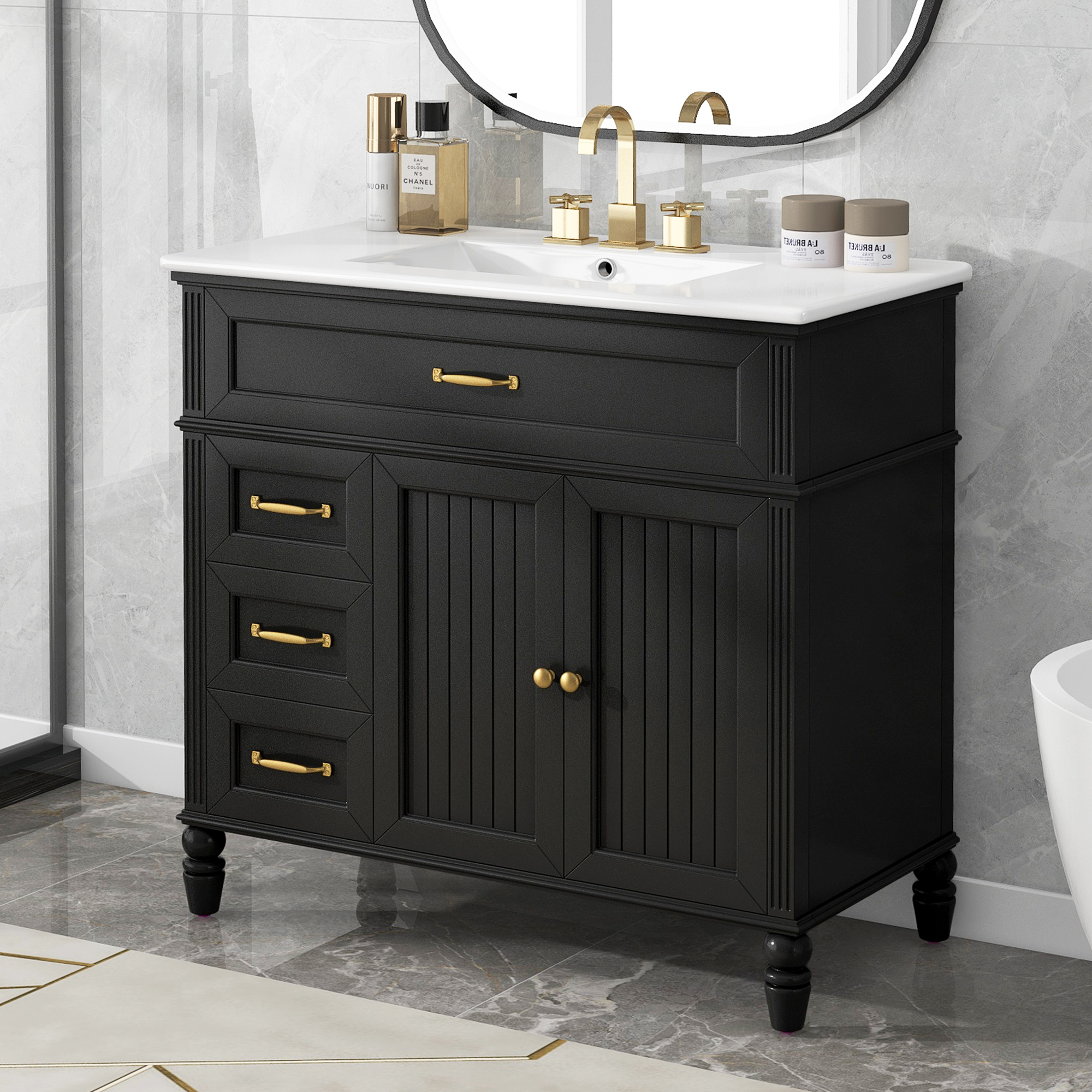 36  Bathroom Vanity With Sink, Bathroom Cabinet With Drawers, Solid Frame And MDF Board, One Package, Black Same SKU N725P195410B