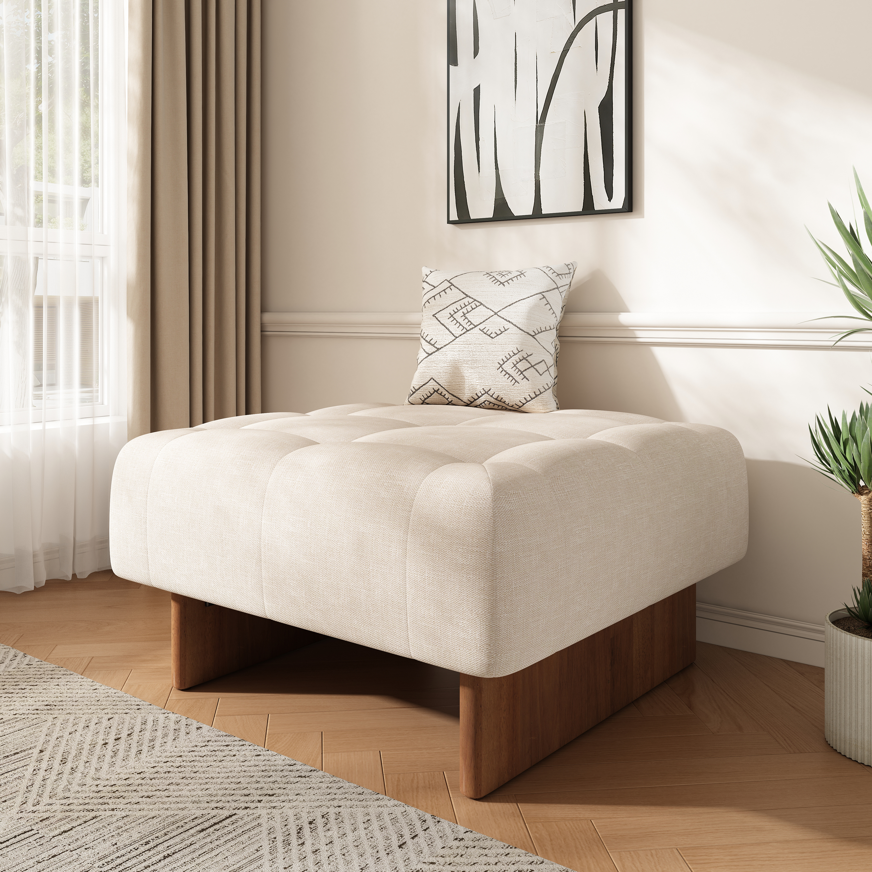 Otomana cuadrada tapizada en lino con patas de madera, beige