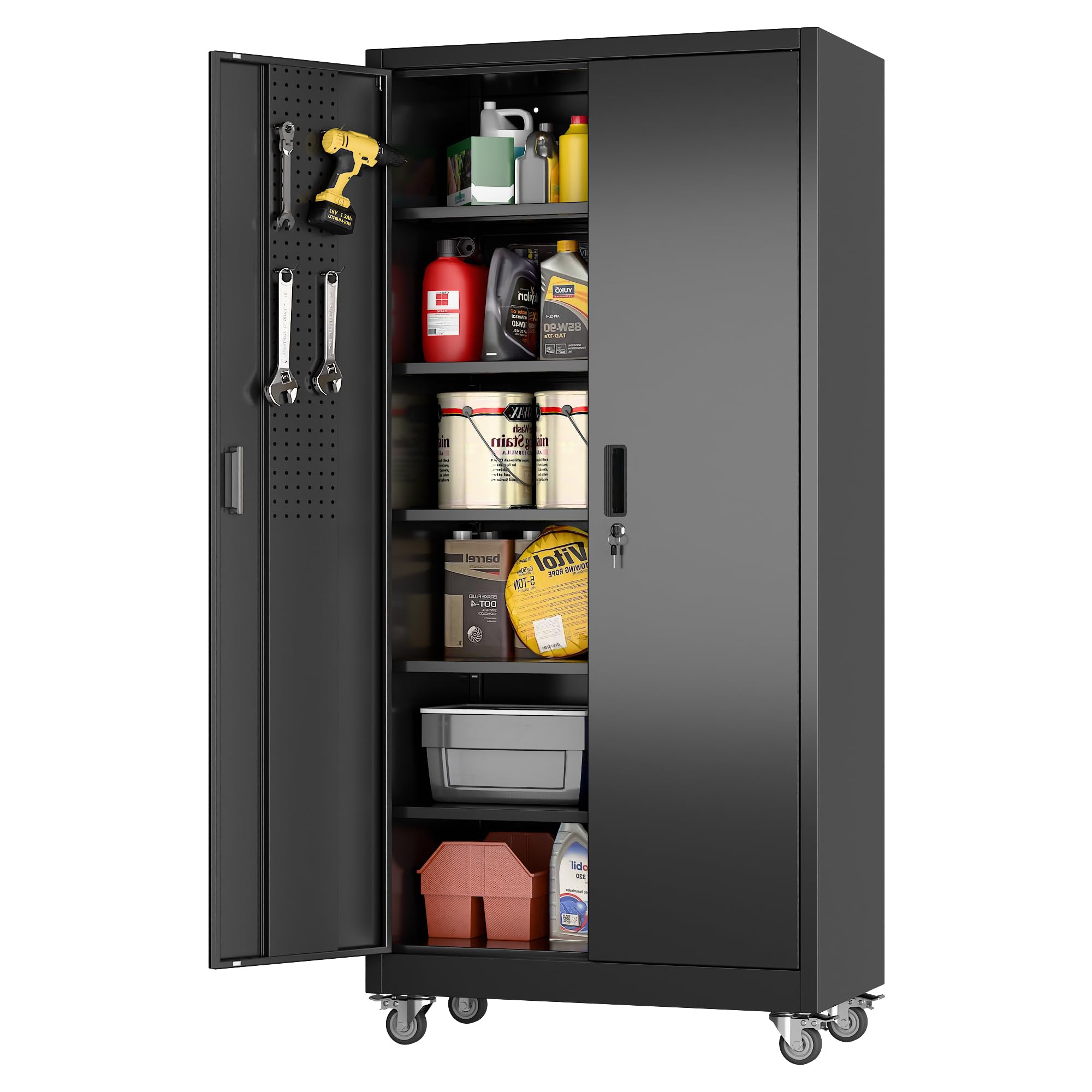 Aobabo Black Metal Garage Storage Cabinet With Wheels, 34inchW X 18inchD X 71inchH 5 Adjustable Shelves Hold Up To 170 Lb Each 4 Lockable Casters And Lockable Doors Organize Tools And Supplies.