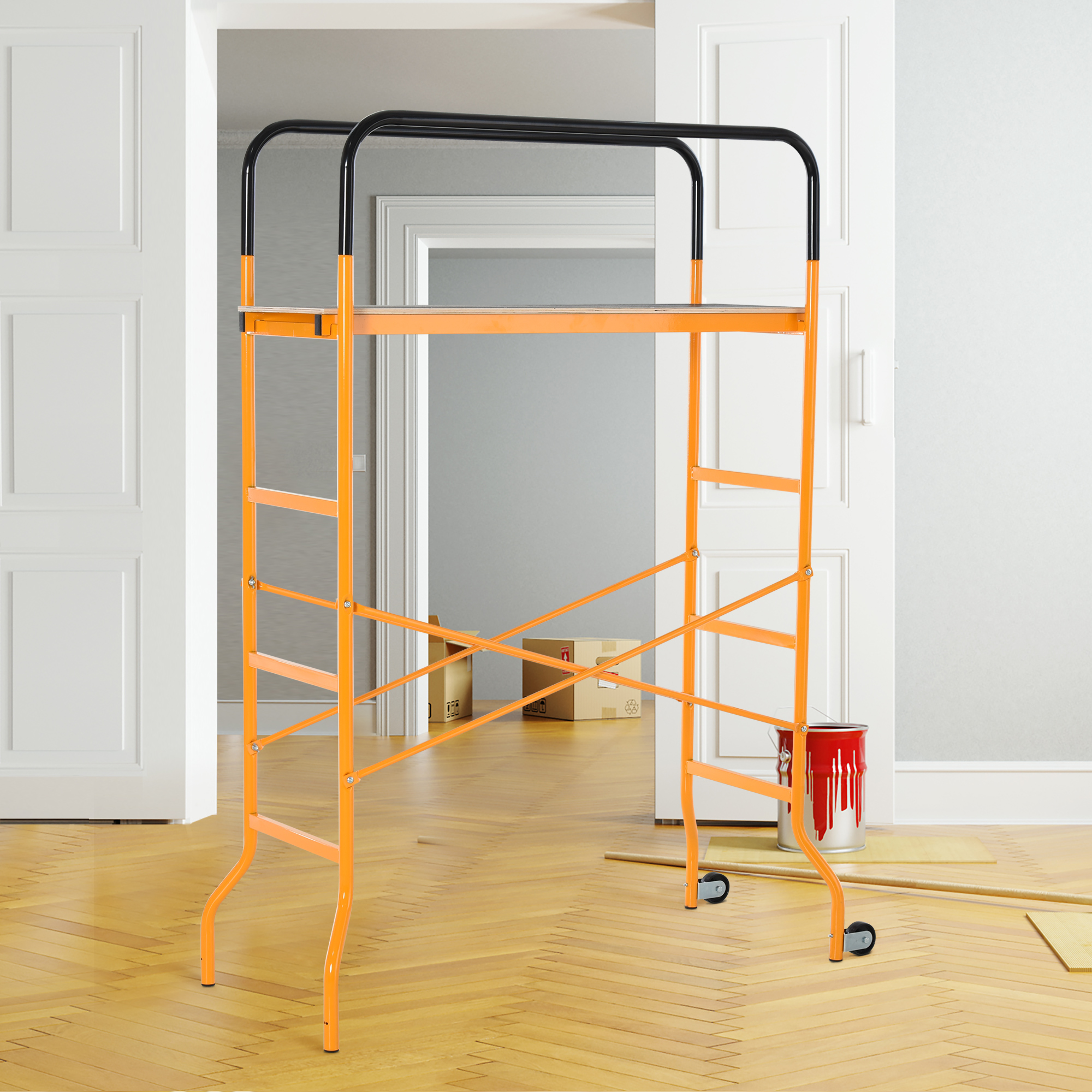 Andamio de acero de 4 escalones, 4.6 x 2 x 6 pies, 2 ruedas, capacidad 440 libras