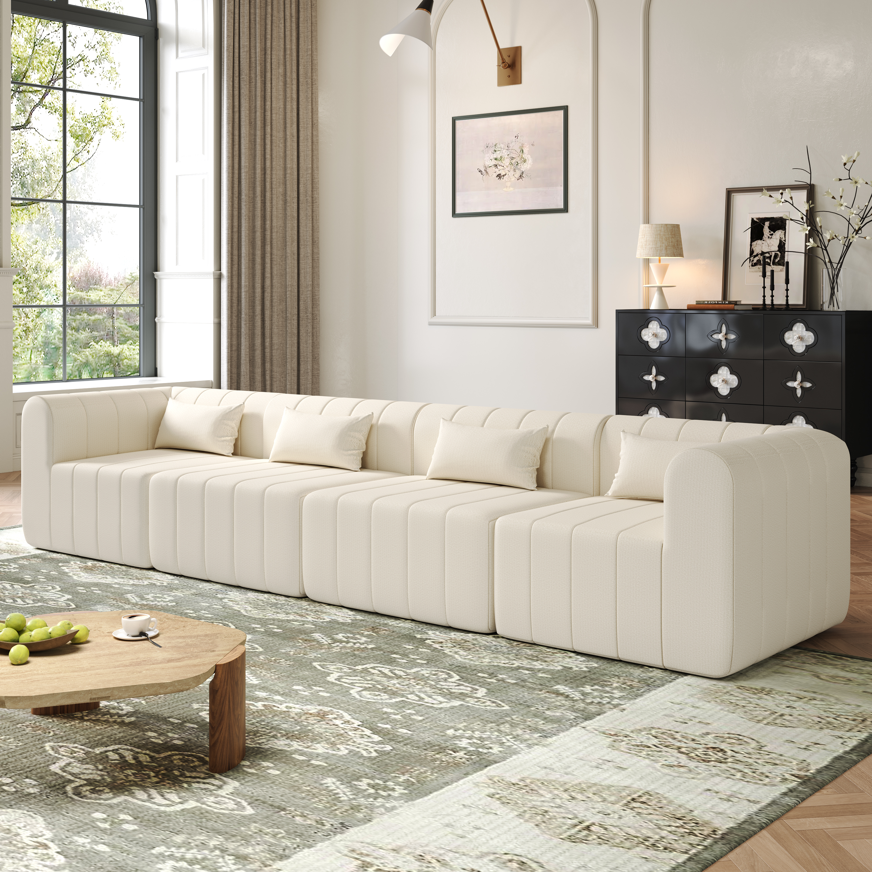 145.5 Inch Modular Full-Compressed Sectional Sofa, Beige Polyester Upholstered Modular Sofa With 4 Pieces, Compressed Sponge Modular Couch For Living Room