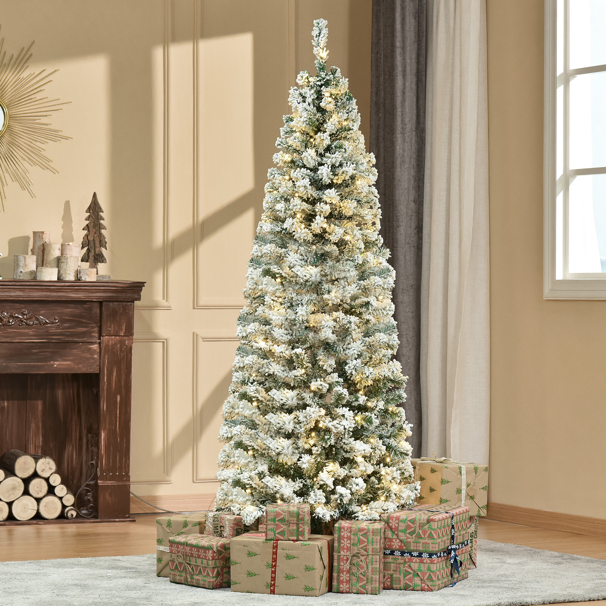 Árbol de Navidad artificial Douglas Fir de 6 pies, nevado, con 250 luces LED