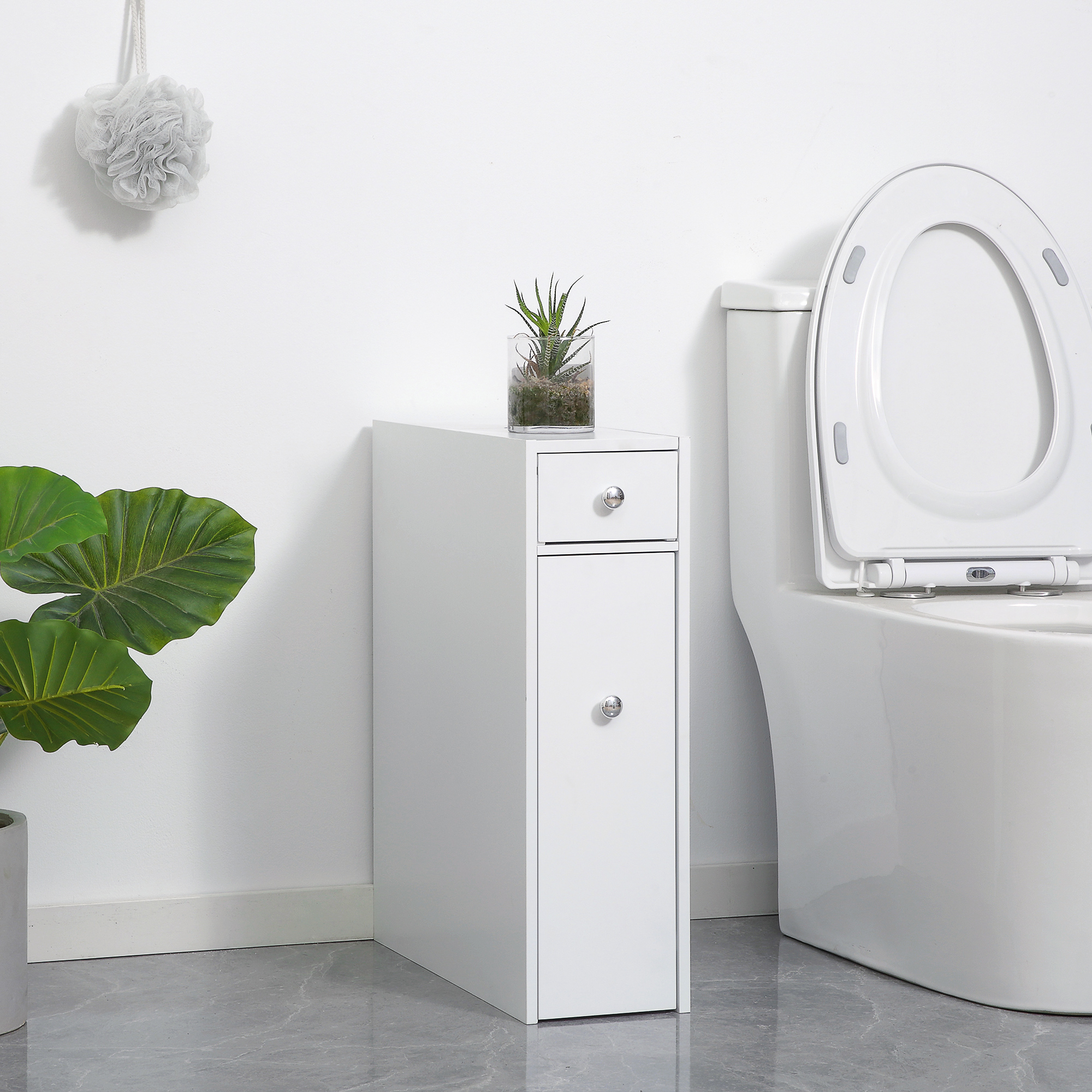 Organizador de baño de piso estrecho con soporte para papel y cajones - Blanco