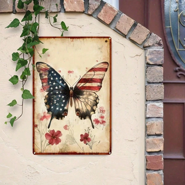Arte de pared metálico CIFbuy, bandera americana con mariposa, rústico vintage