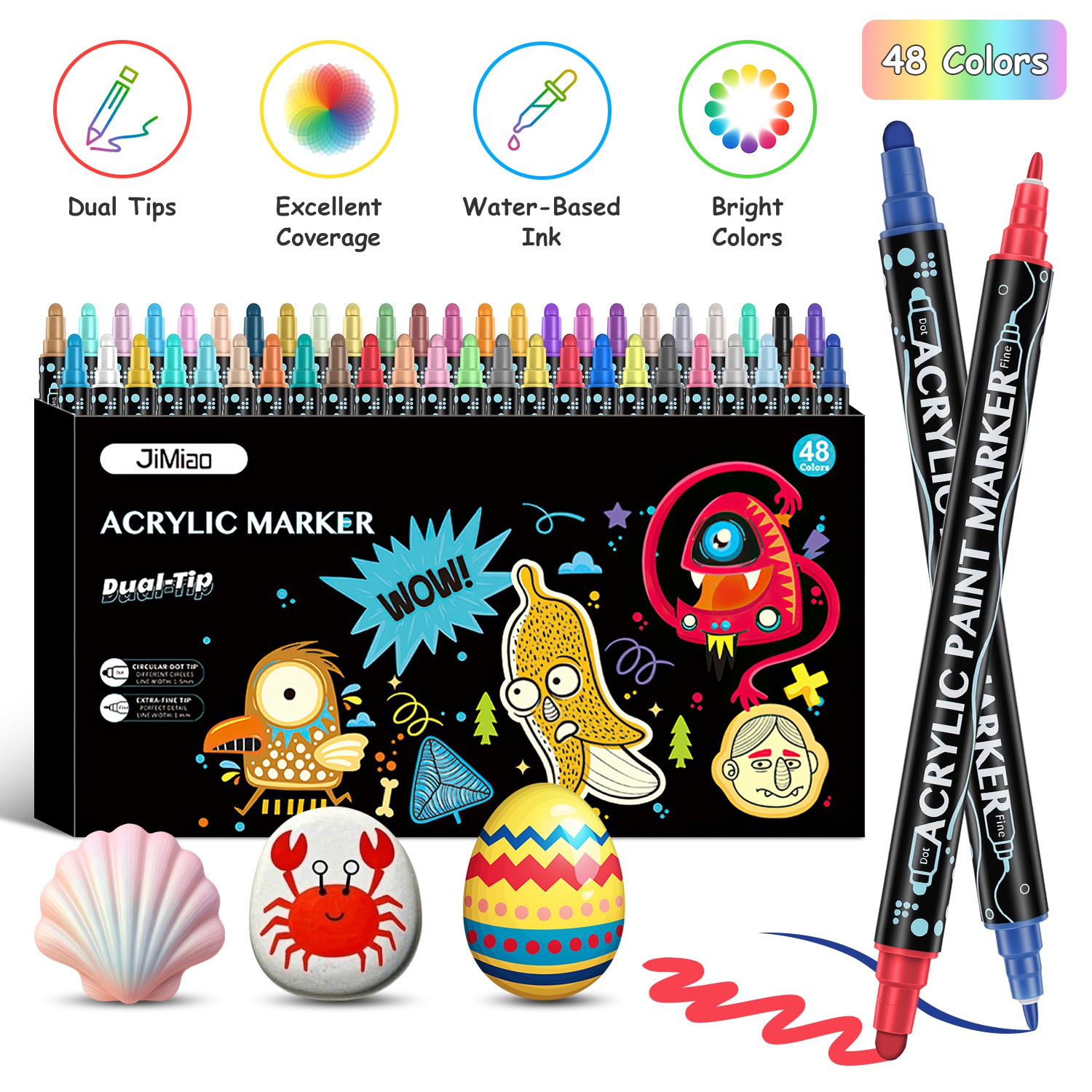 48 Colors Or 24 Colors Options Dual Tip Acrylic Paint Markers Set, Quick-Dry Waterproof Art Markers For Rock Painting, Wood, Glass, Fabric, Ceramic, Canvas & DIY Crafts