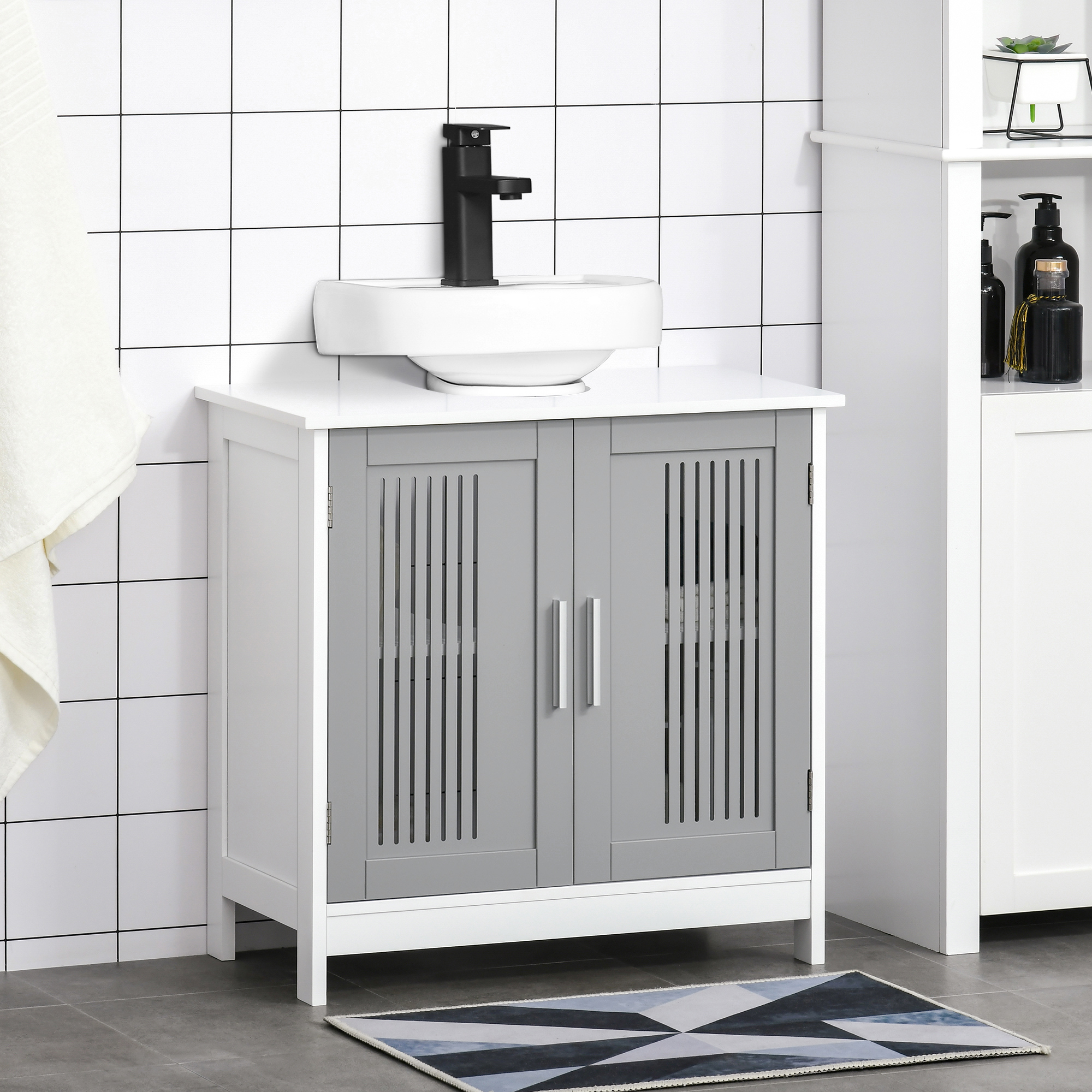 Gabinete de almacenamiento bajo lavabo de pedestal, gris y blanco