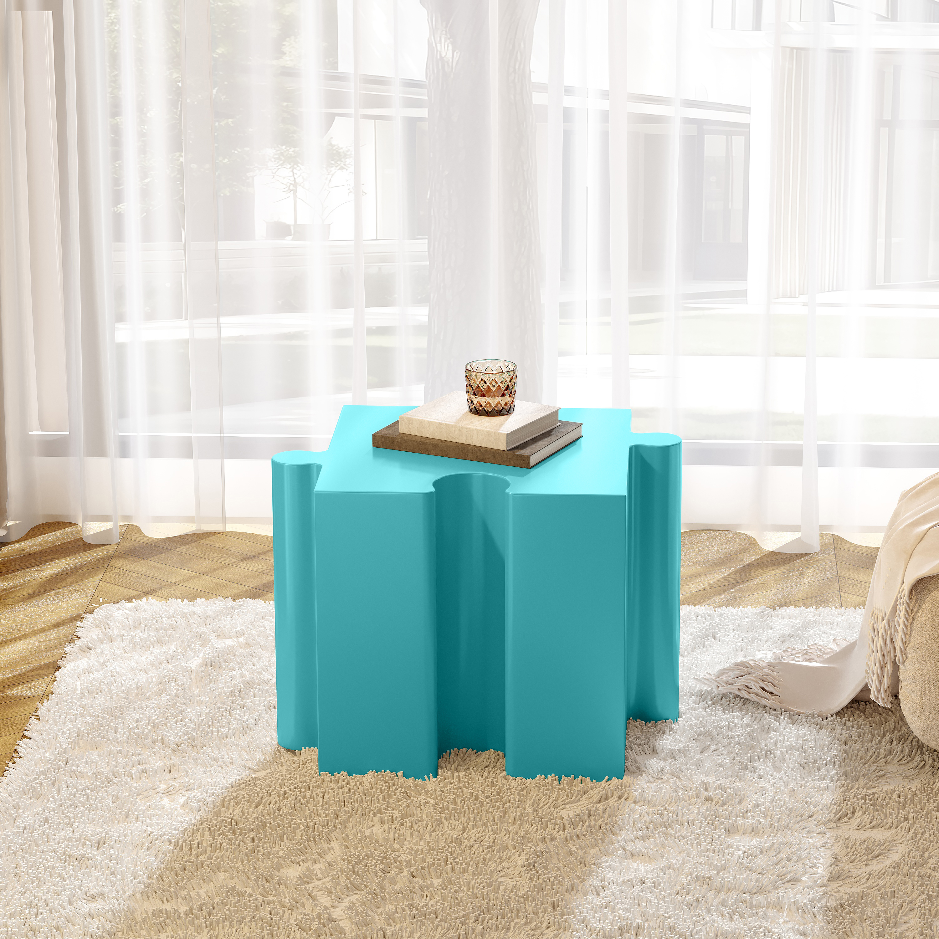 Puzzle Art Side Table, Modular Concave Edge MGO Table - Buy Singles Or Combine For Custom Layouts, Indoor & Outdoor,Light Blue Color