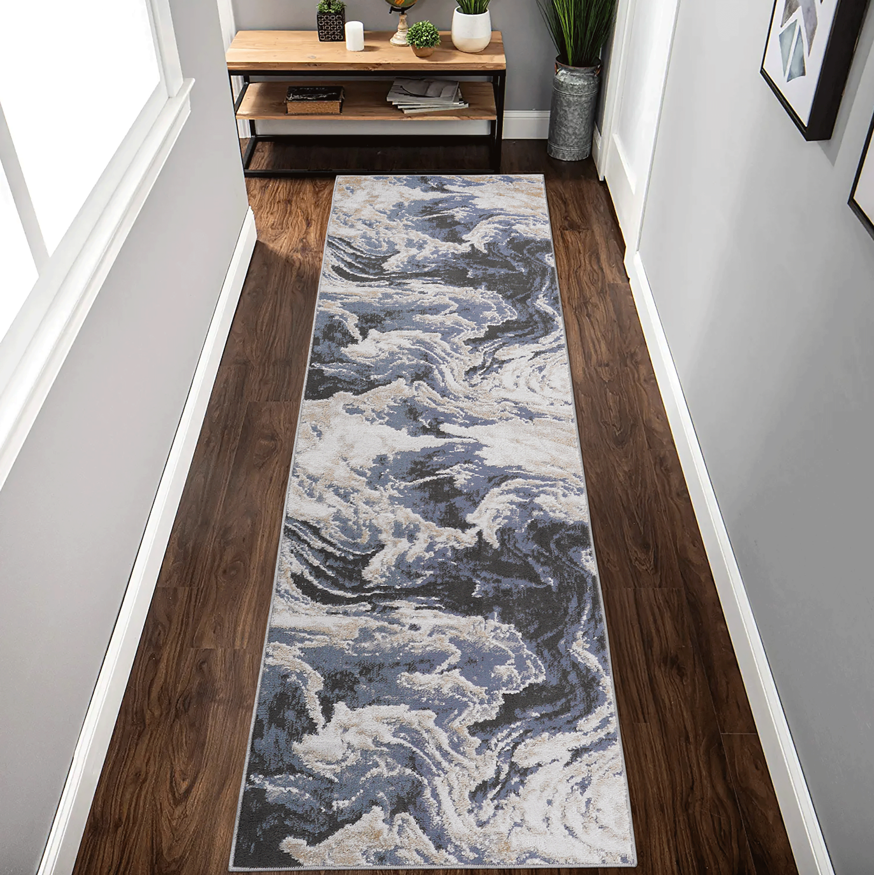 Alfombra runner PAYAS C Ollection 2x8 pies, abstracta, azul claro