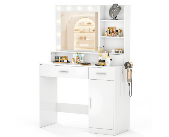 Dressing Table And Mirror, Dressing Table And Bedroom Dressing Table With 3-color Light Options For Adjustable Brightness, White