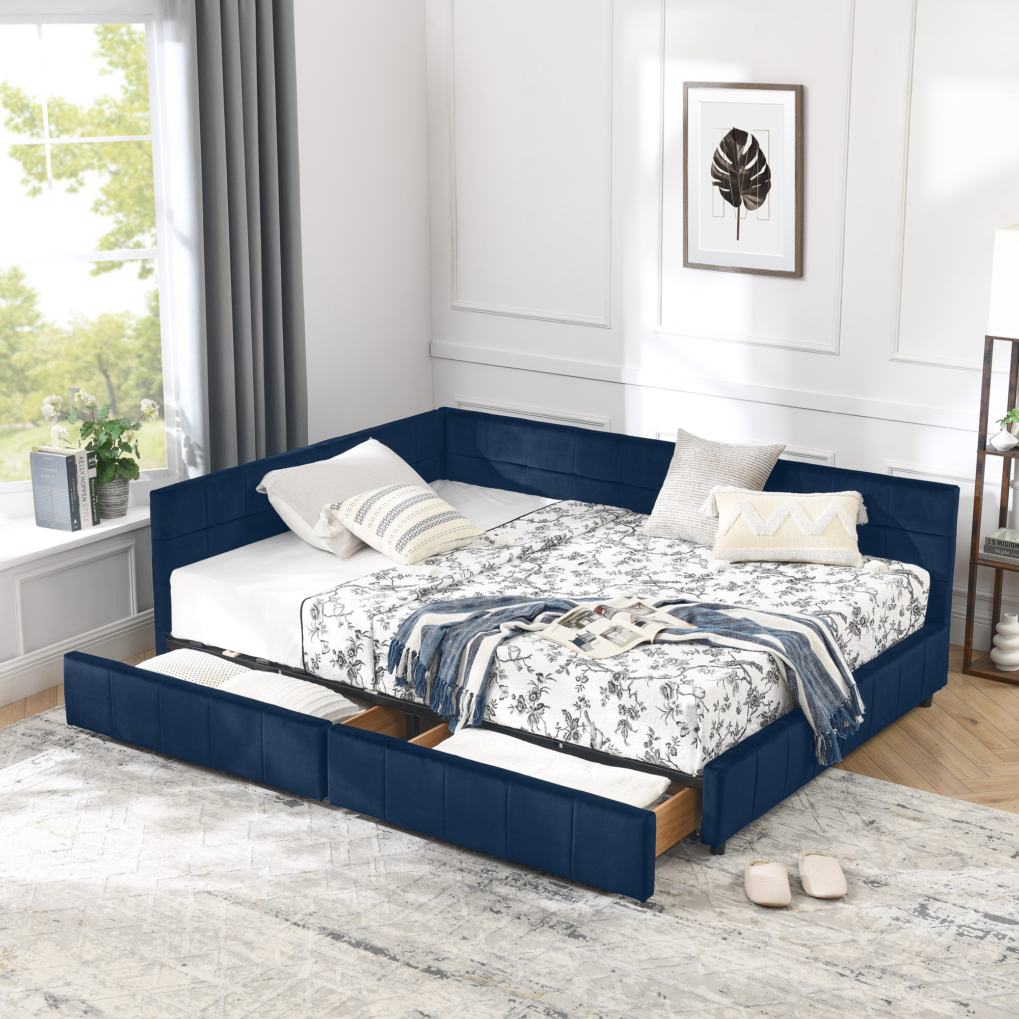 Full Size Storage Upholstered Tufted Bed Frame, Sofa Bed Frame With Comfortable Backrest And Armrests, Full Size Bed For Bedroom, Living Room,Velvet, DARK BLUE 80.5x59x29.5