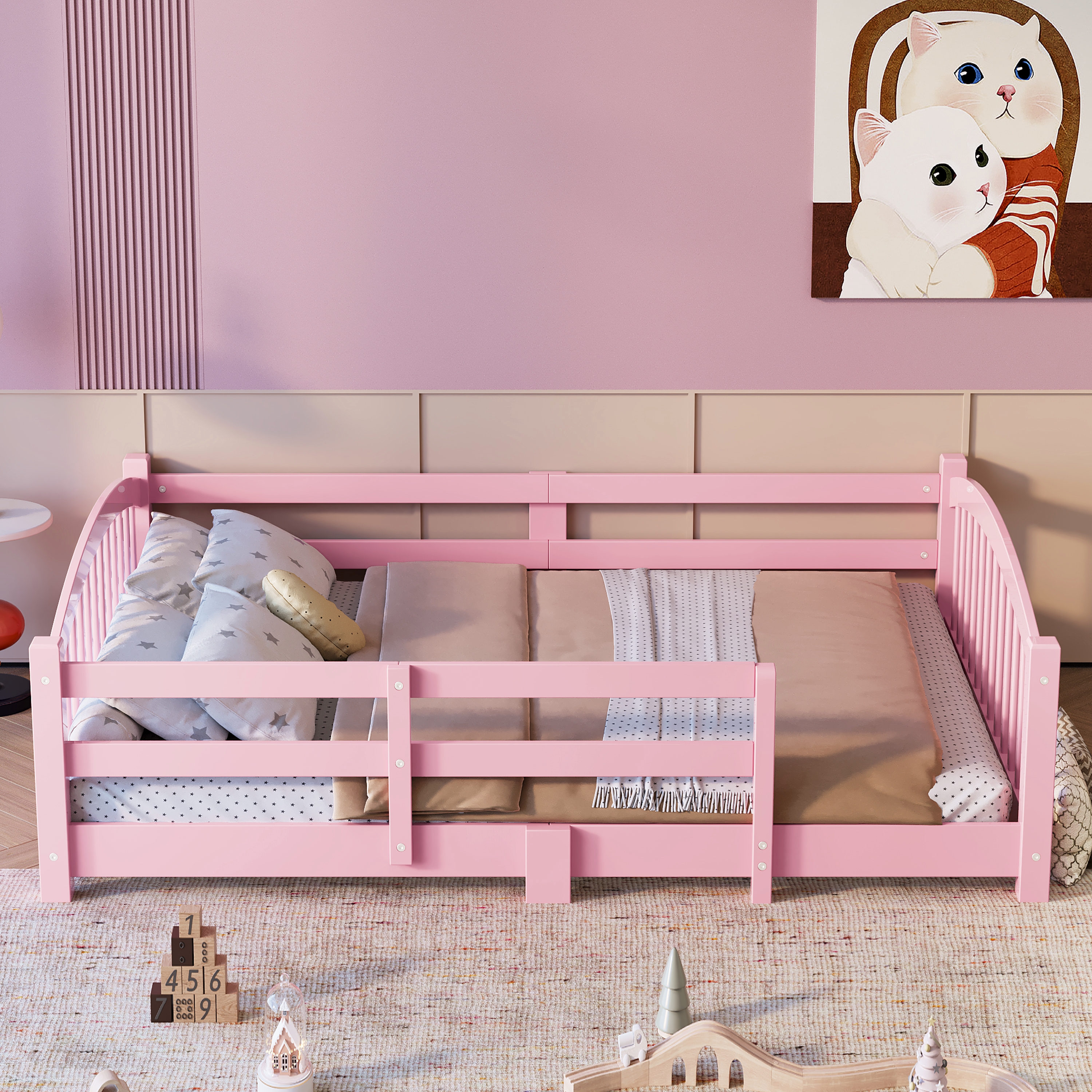 Cama Montessori de piso de madera maciza con listones, barandales de seguridad, rosa