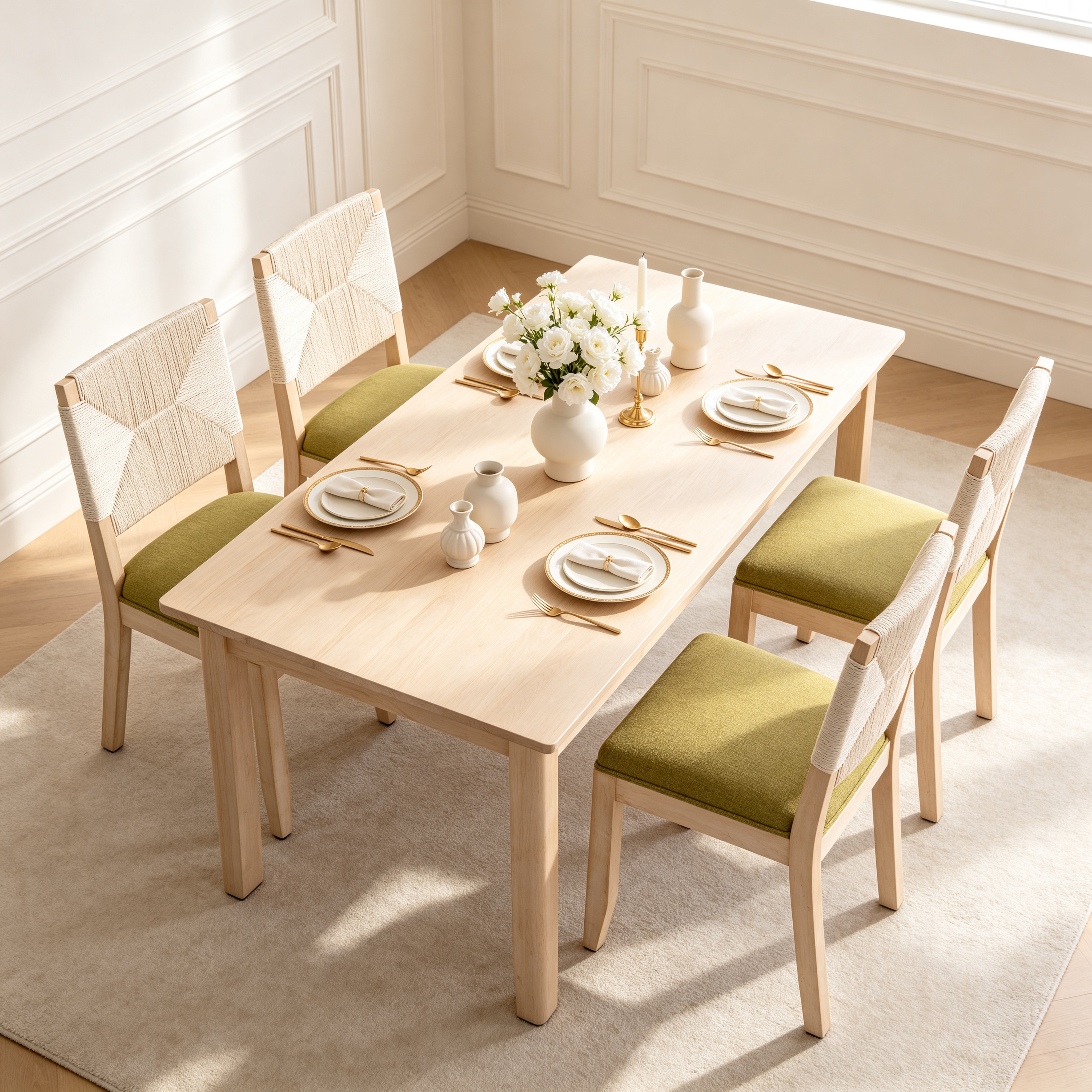 Sillas de Comedor Campestres Francesas (Juego de 2), Beige, Respaldo Tejido y Asiento Tapizado