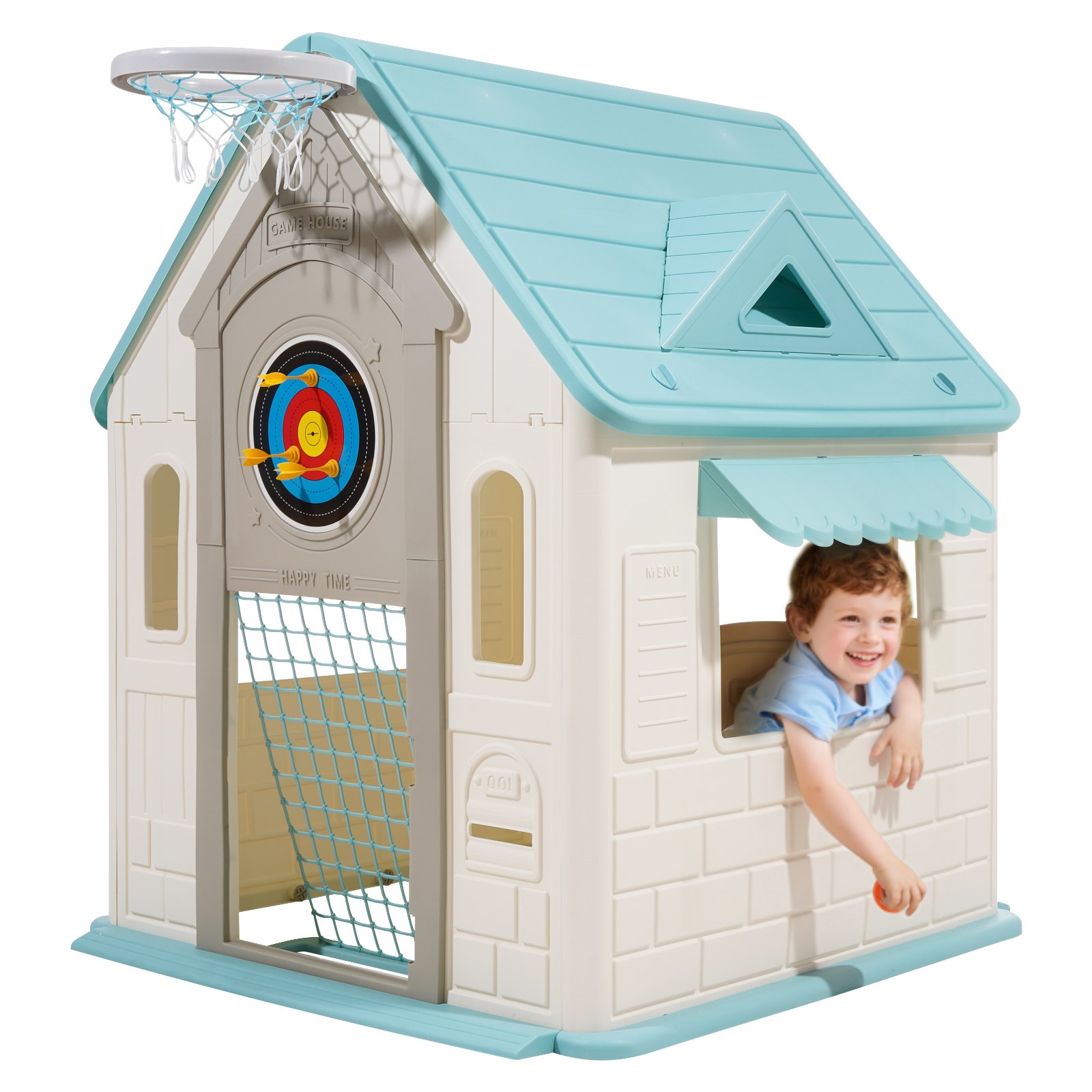 Casa de juegos exterior 5 en 1 con tobogán, baloncesto, dardos y fútbol para niños 2+
