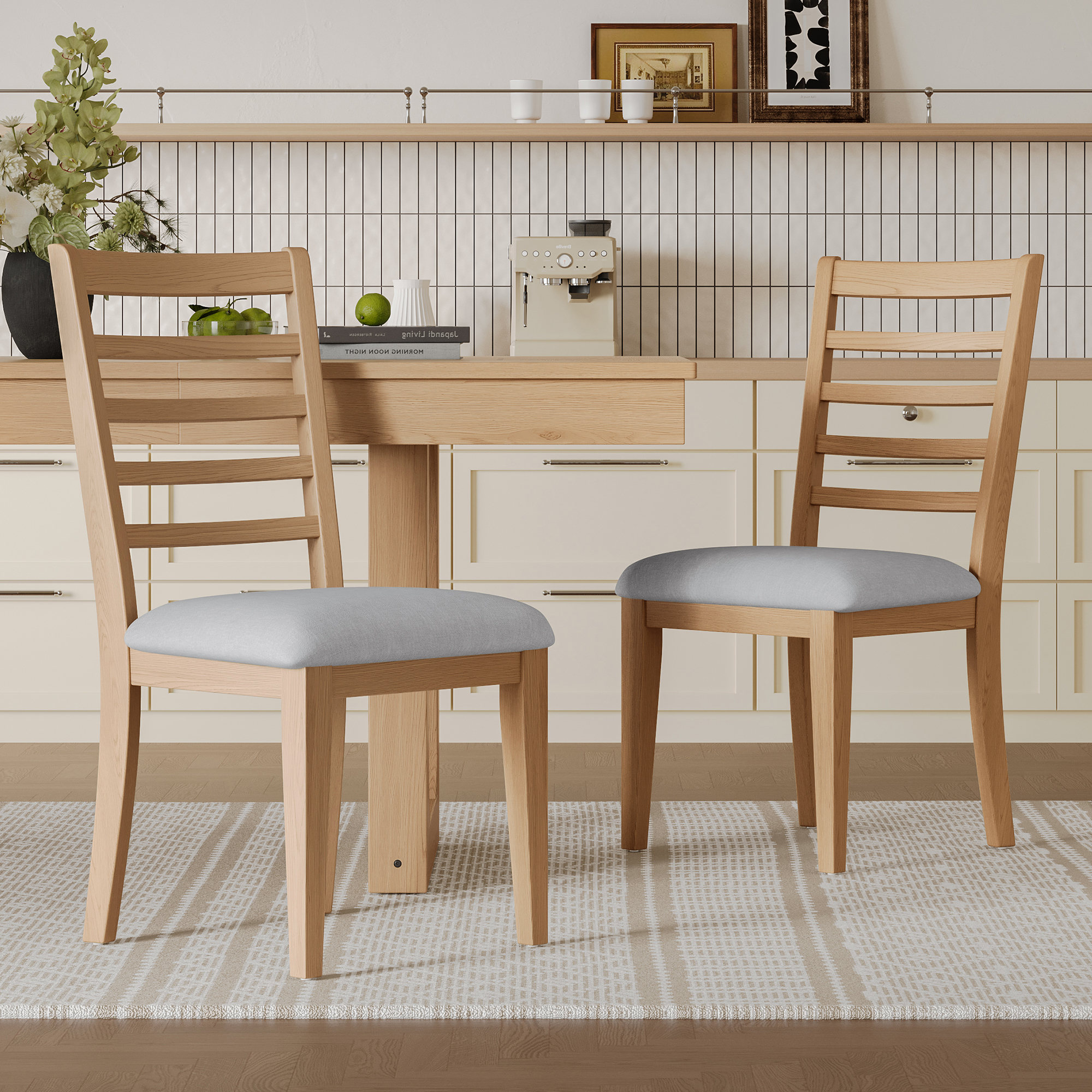 2-Piece Farmhouse Dining Chairs Set, Upholstered Dining Chairs With High Ladder Back, Classic Armless Chairs For Kitchen, Bedroom & Living Room, Natural