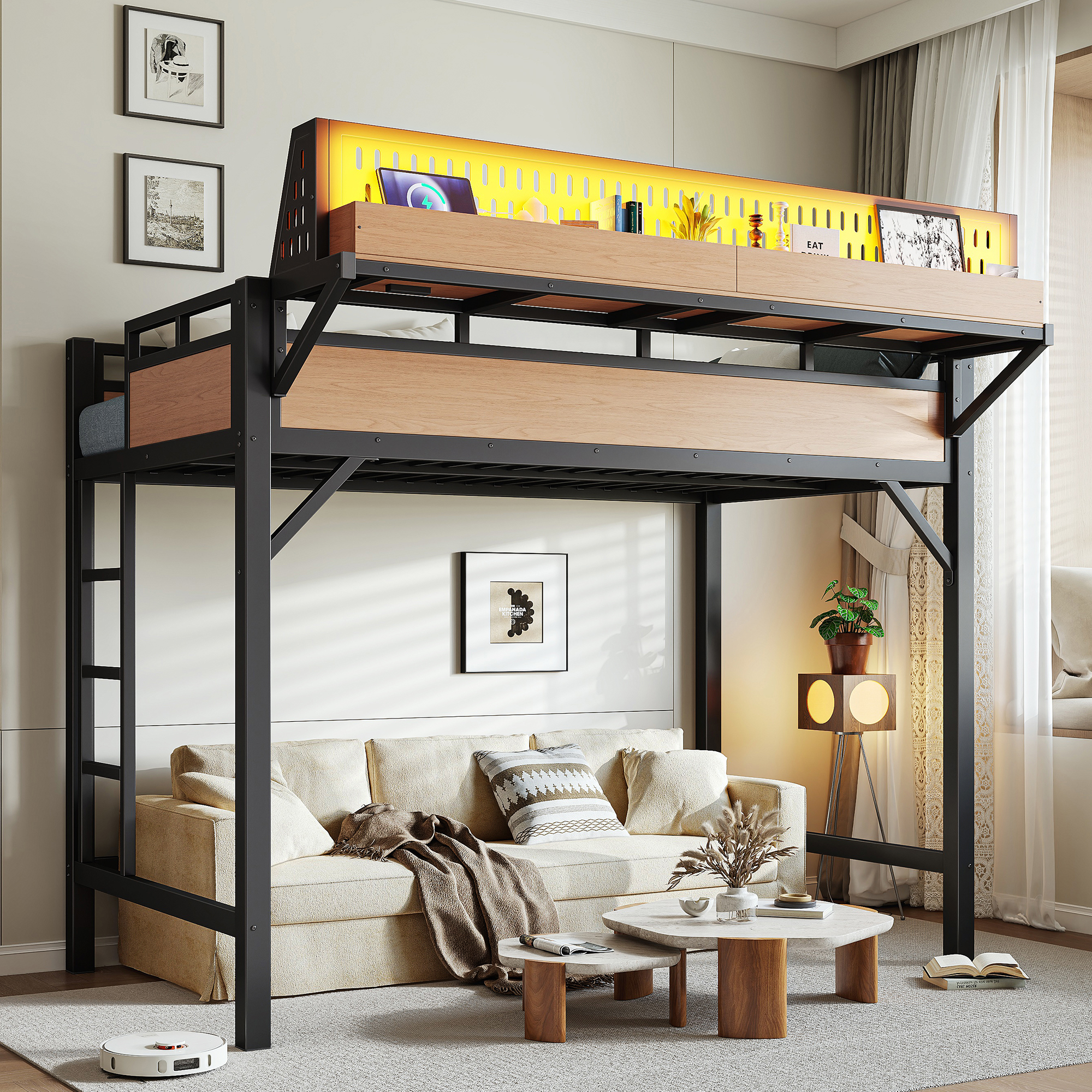 Twin XL Size Loft Bed Frame With Storage Shelves And Pegboard, Metal Loft Bed With USB Ports And LED Lights, Safe And Sturdy, Natural